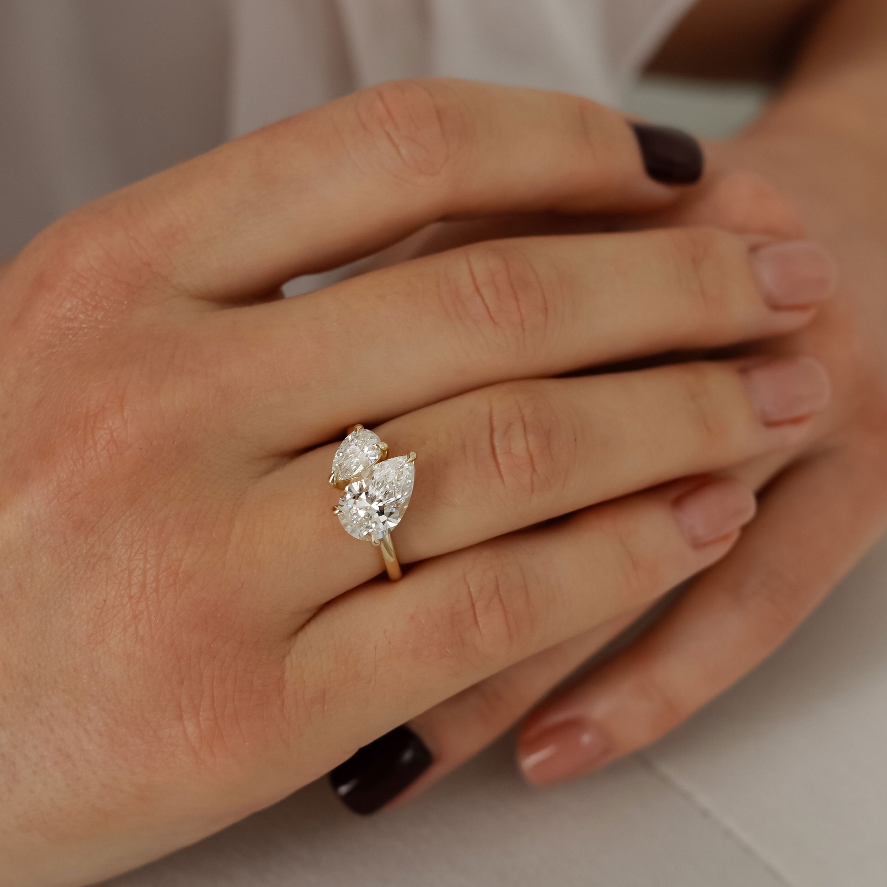 Bespoke #9178 - Custom Pear Lab Diamond Toi et Moi Engagement Ring, Hidden Halo