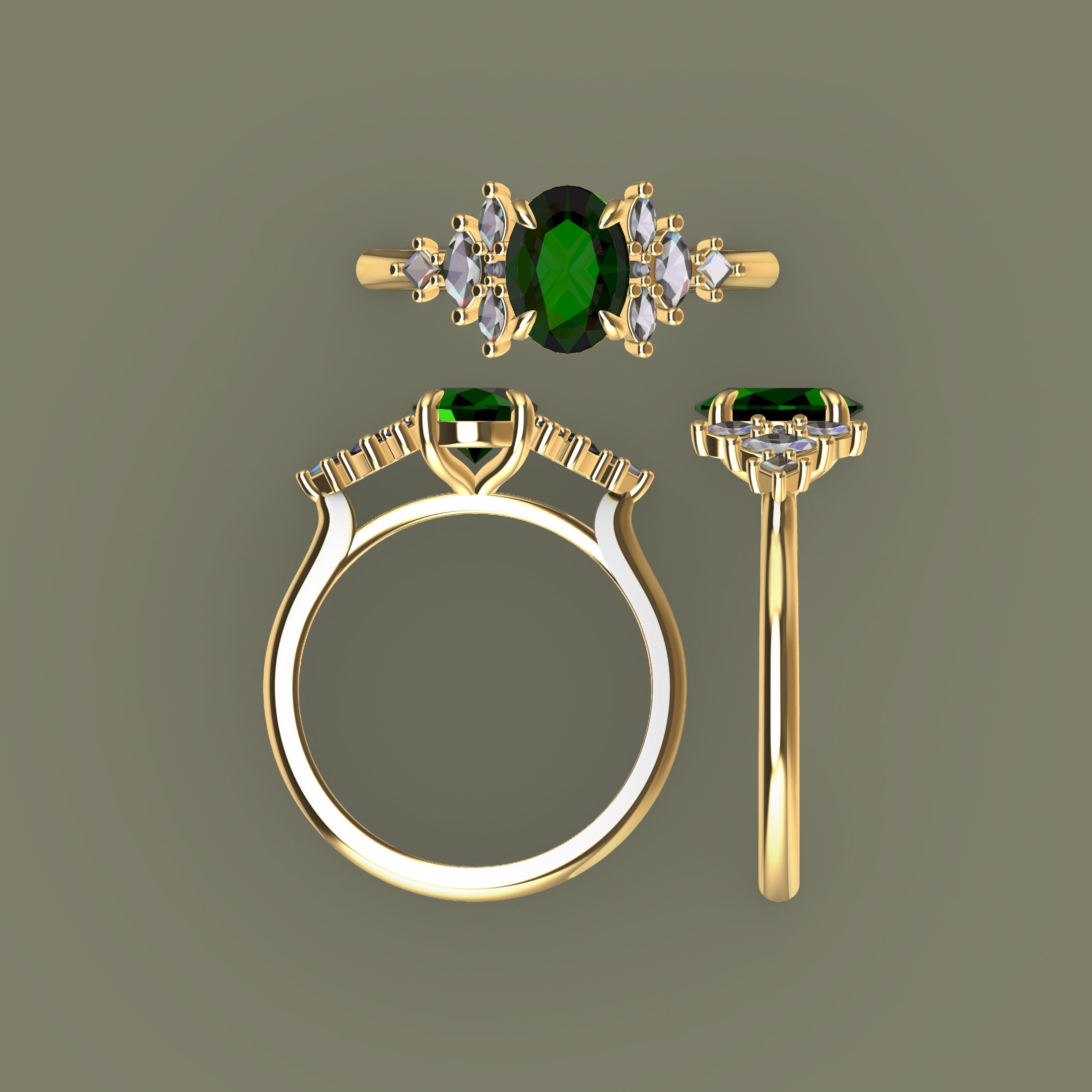 Bespoke #9150 - Oval Green Tourmaline Marquise Accent Engagement Ring