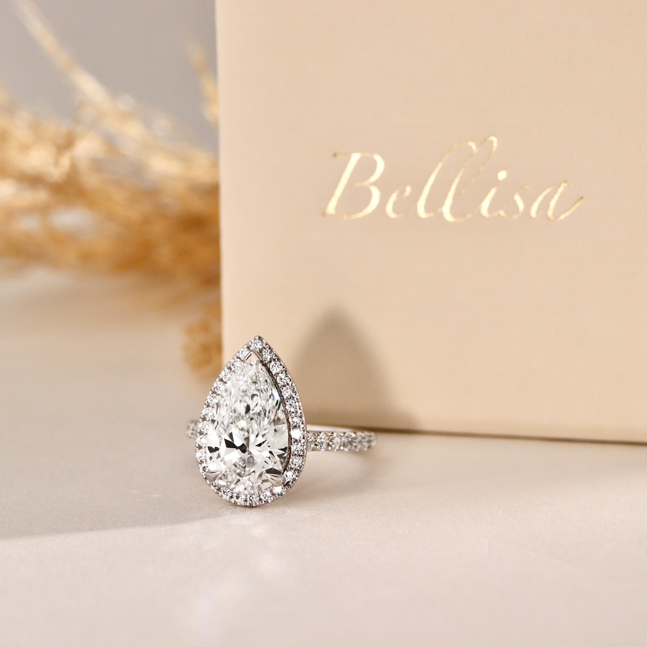 Sophia Pear Halo Cathedral Engagement Ring, Moissanite/Lab Grown Diamond