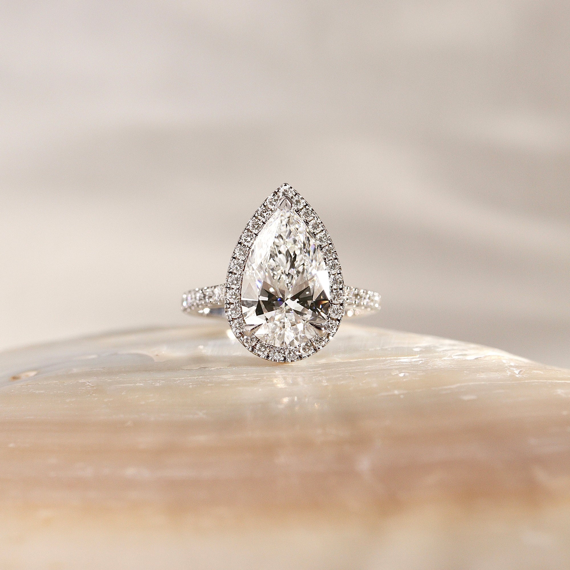 Sophia Pear Halo Cathedral Engagement Ring, Moissanite/Lab Grown Diamond
