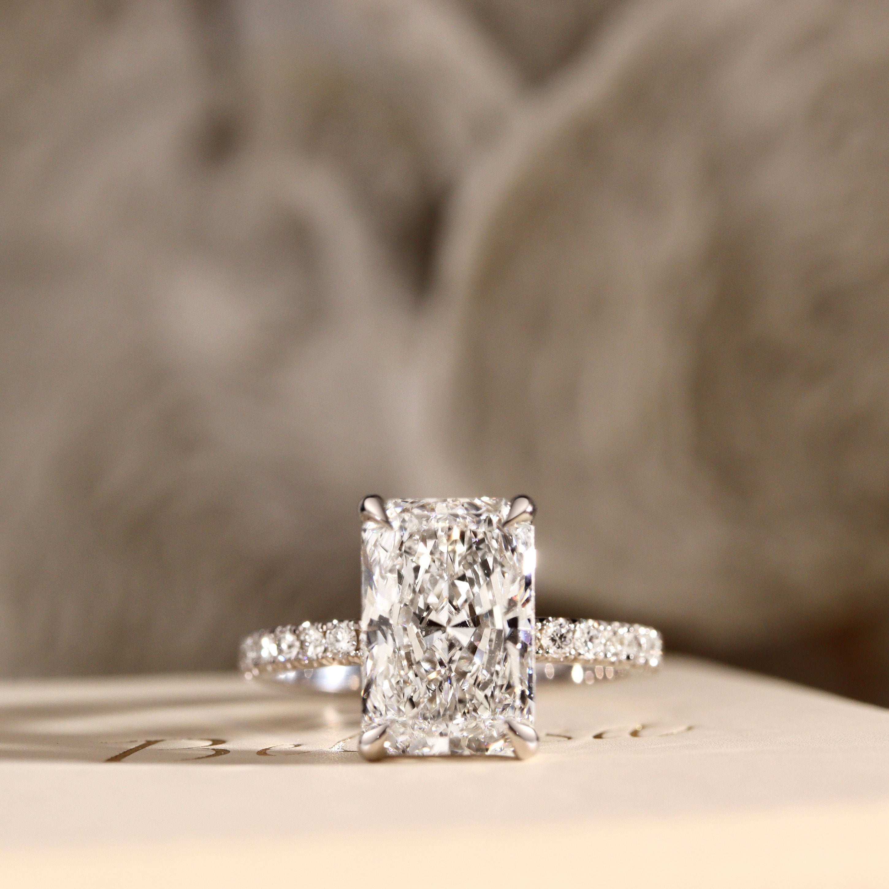 Lily Radiant Double Hidden Halo Engagement Ring, Moissanite/Lab Grown Diamond