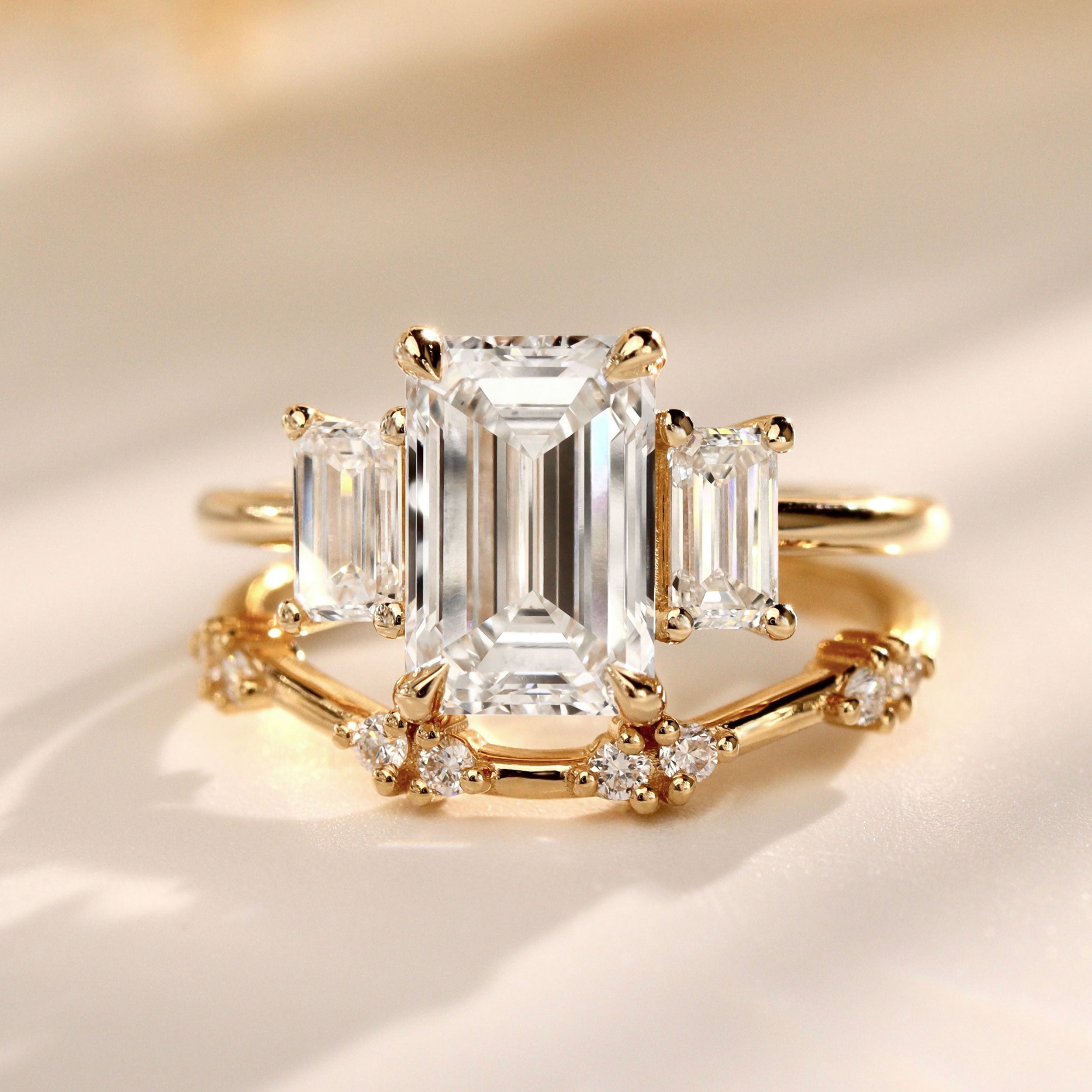 Evelyn Emerald Cut Three Stone Engagement Ring, Low Set