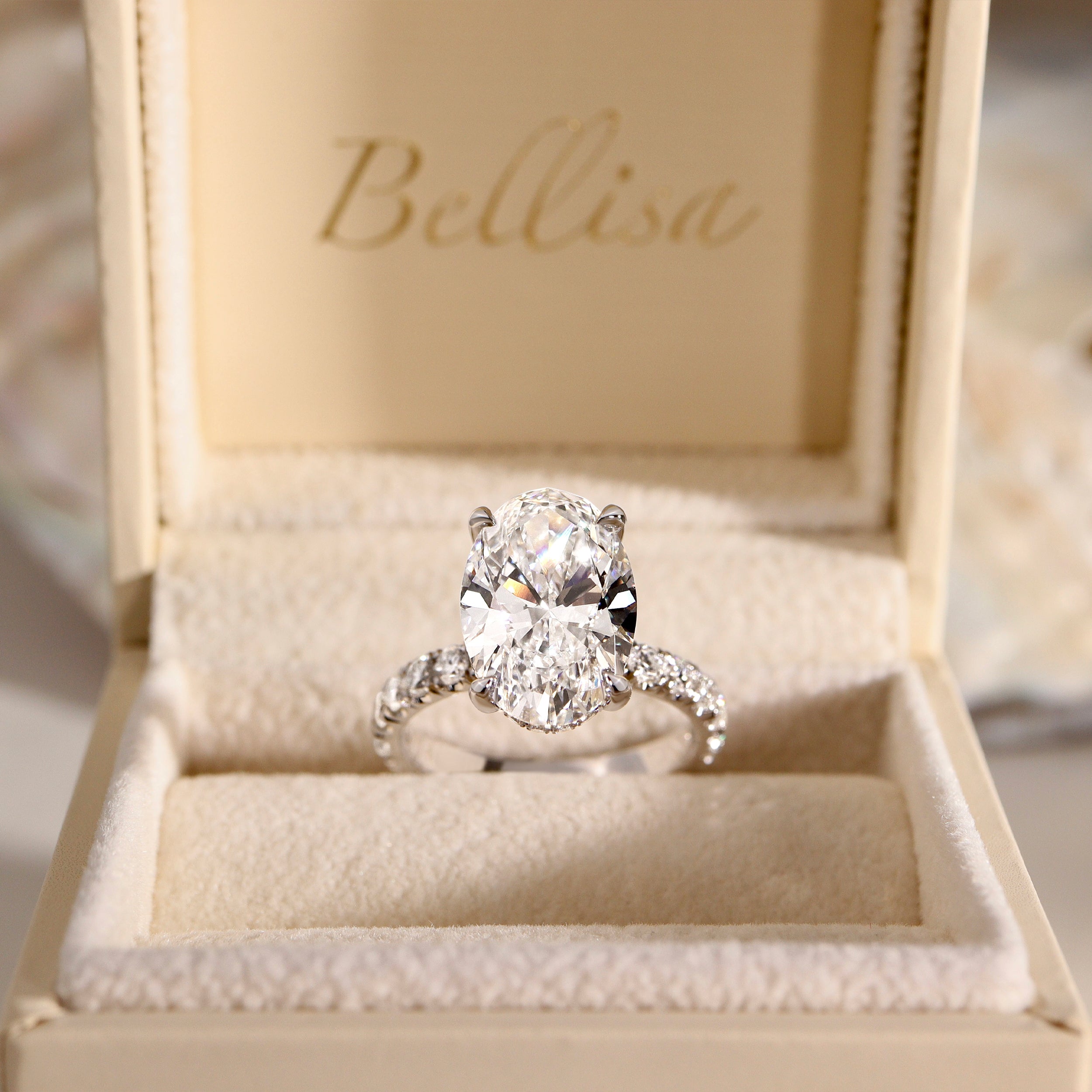 Oval Amelia Hidden Halo Engagement Ring, Pave Crown