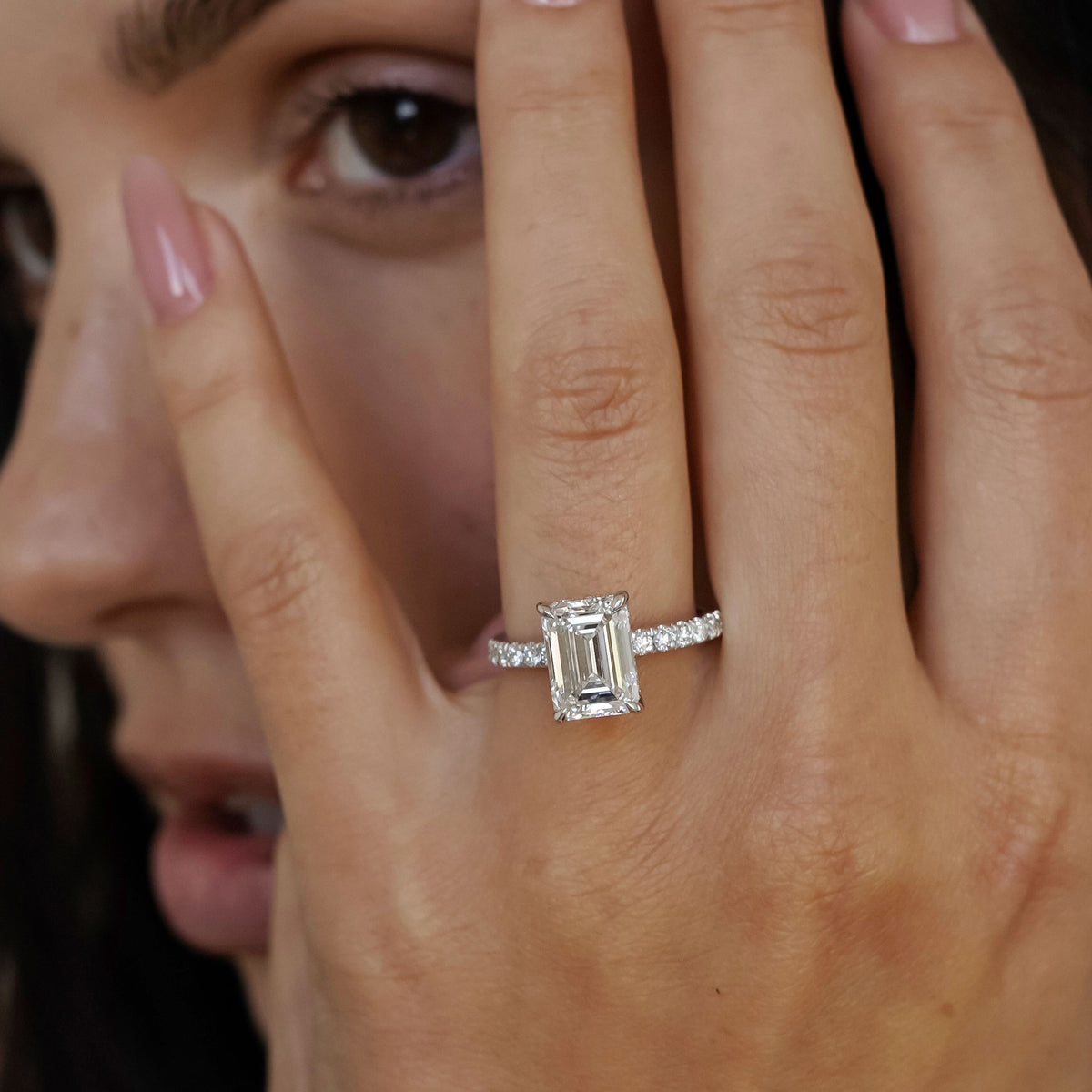 Lily Emerald Double Hidden Halo Engagement Ring, Moissanite/Lab Grown Diamond