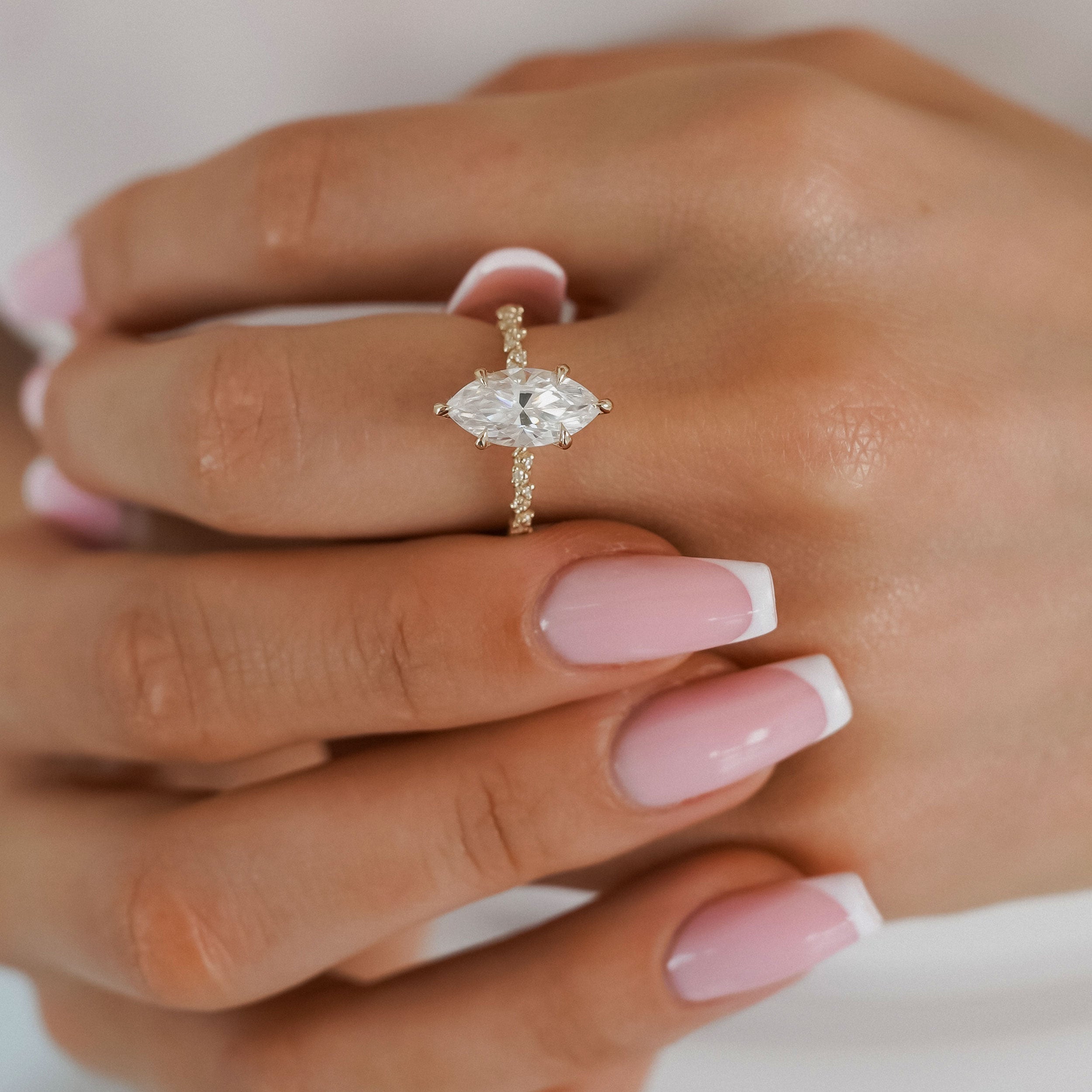 Aurora Marquise Cut Vine Pavé Prong Engagement Ring, Moissanite/Lab Grown Diamond