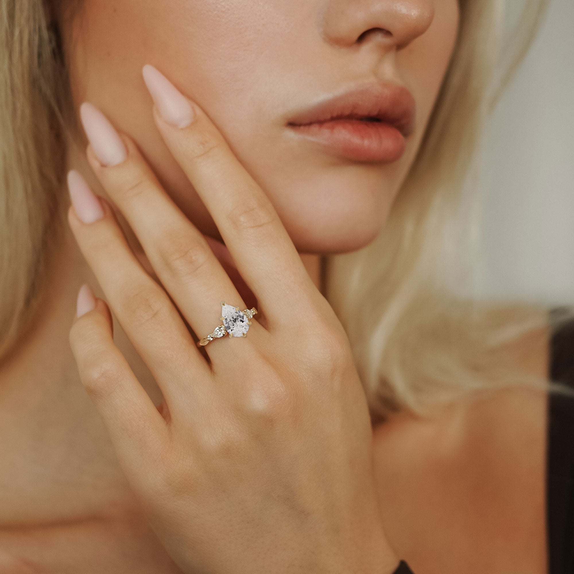 Madison Pear Art Deco Leaf Engagement Ring, Moissanite/Lab Diamond