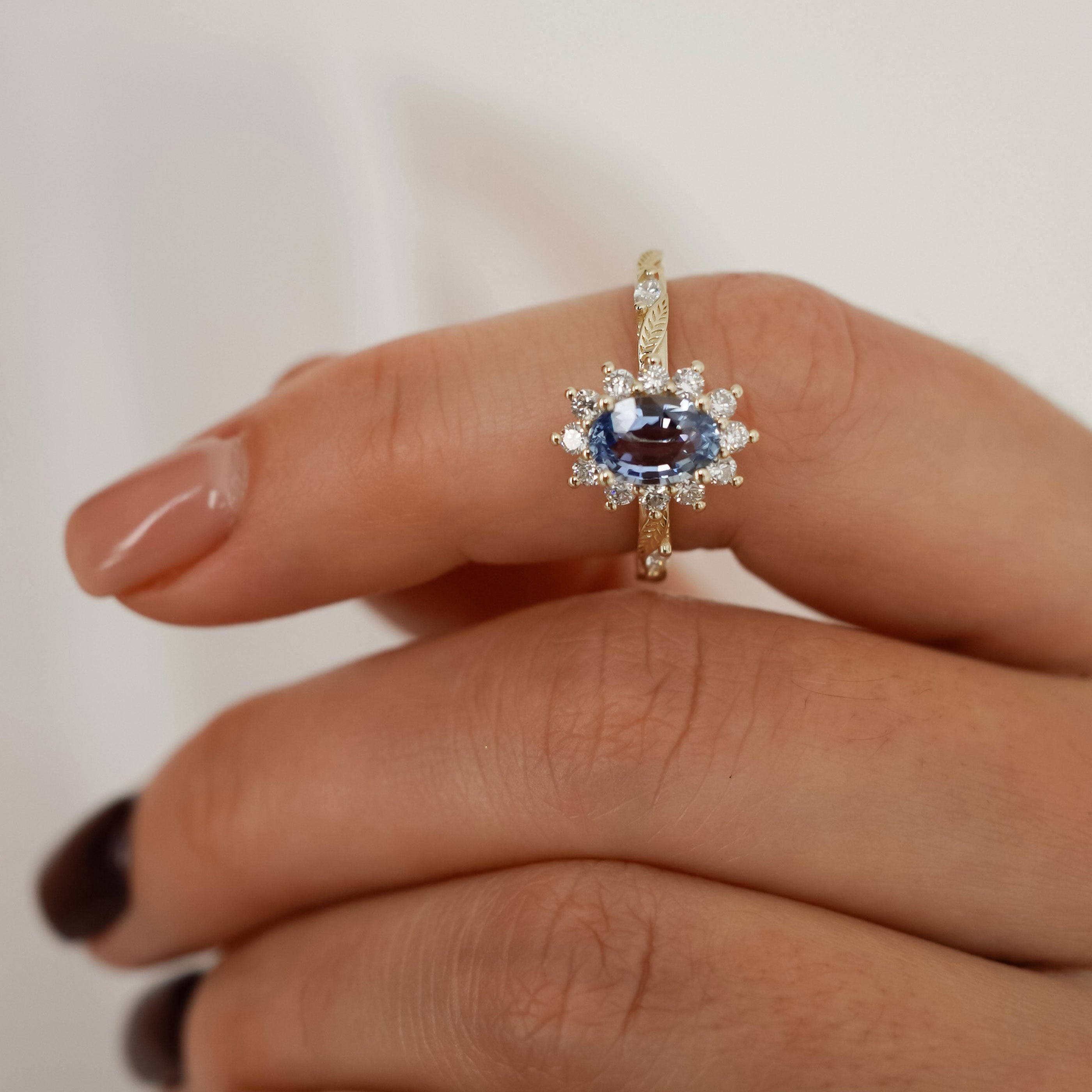 Brooke Oval Blue Sapphire Halo Engagement Ring, Marquise Leaf Band