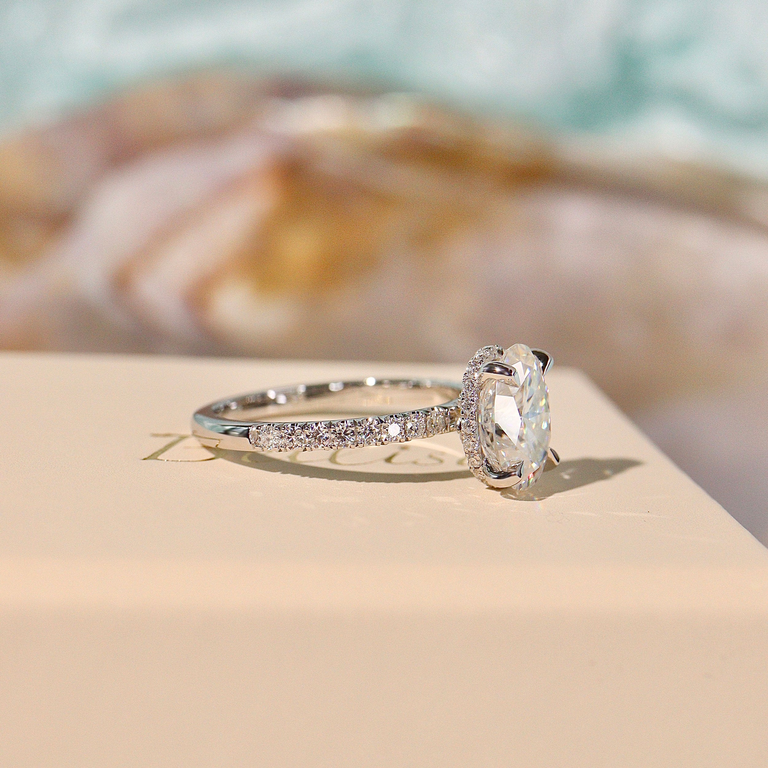 Oval Amelia Hidden Halo Engagement Ring, Pave Crown