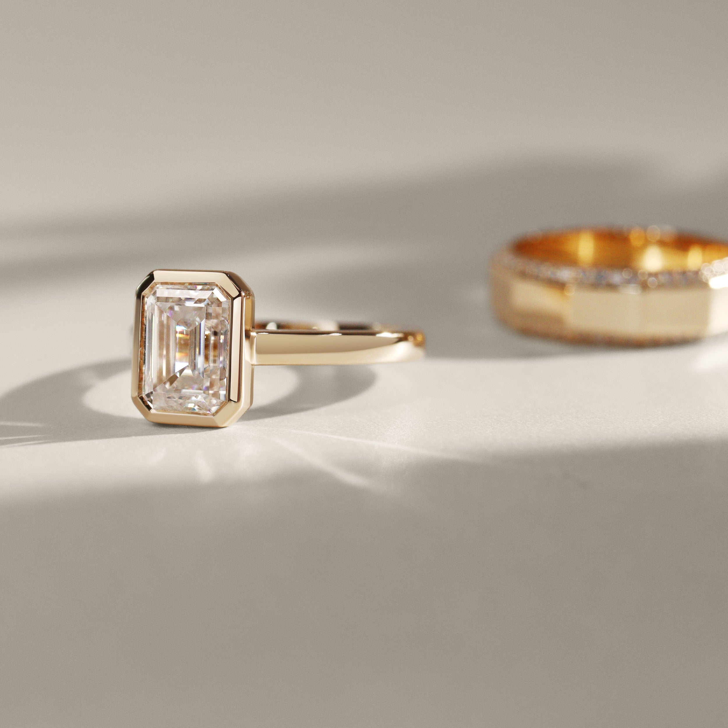 Carmen Emerald Full Bezel Engagement Ring, Moissanite/Lab Diamond