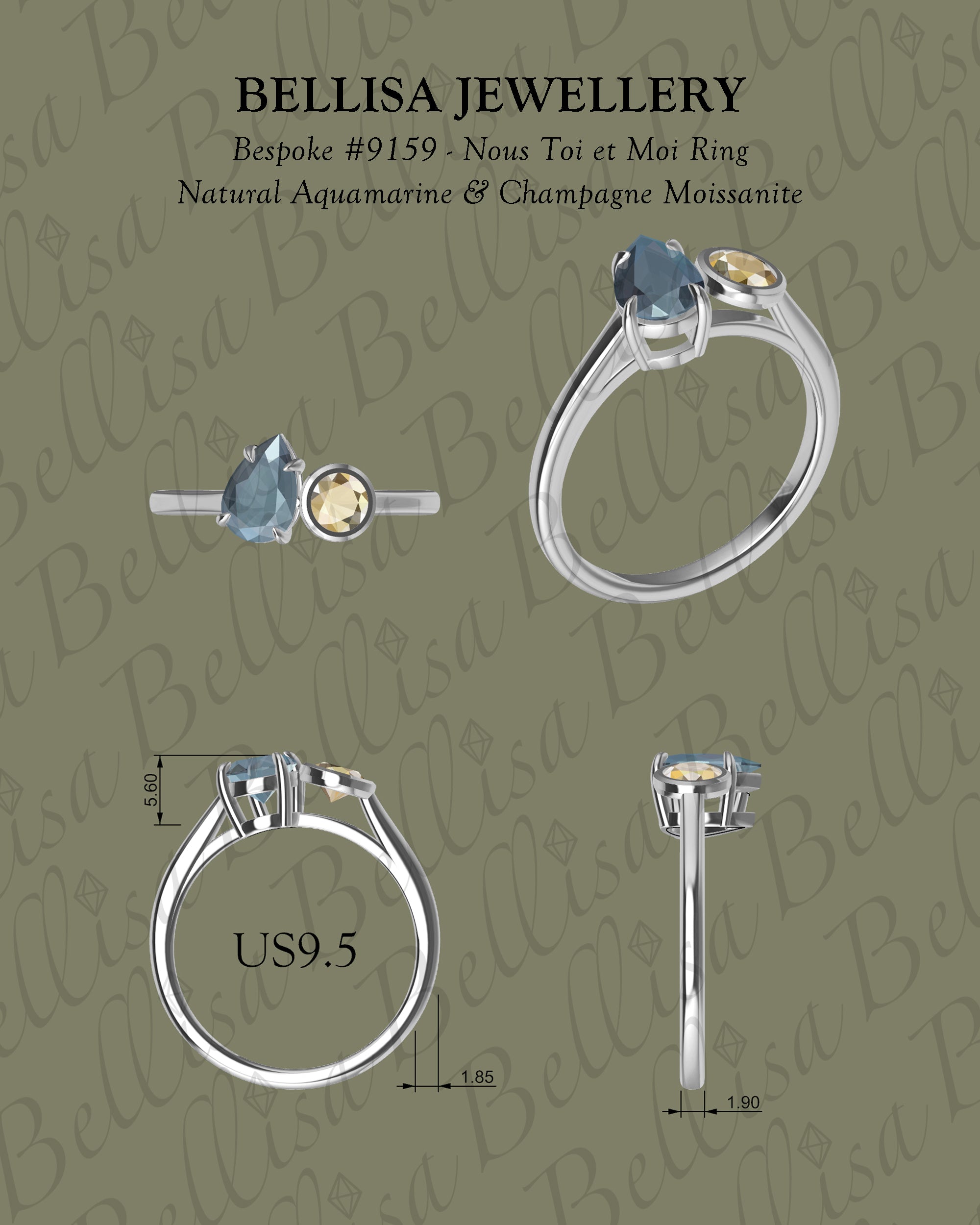 Bespoke #9159 - Nous Toi et Moi Ring, Natural Aquamarine & Champagne Moissanite