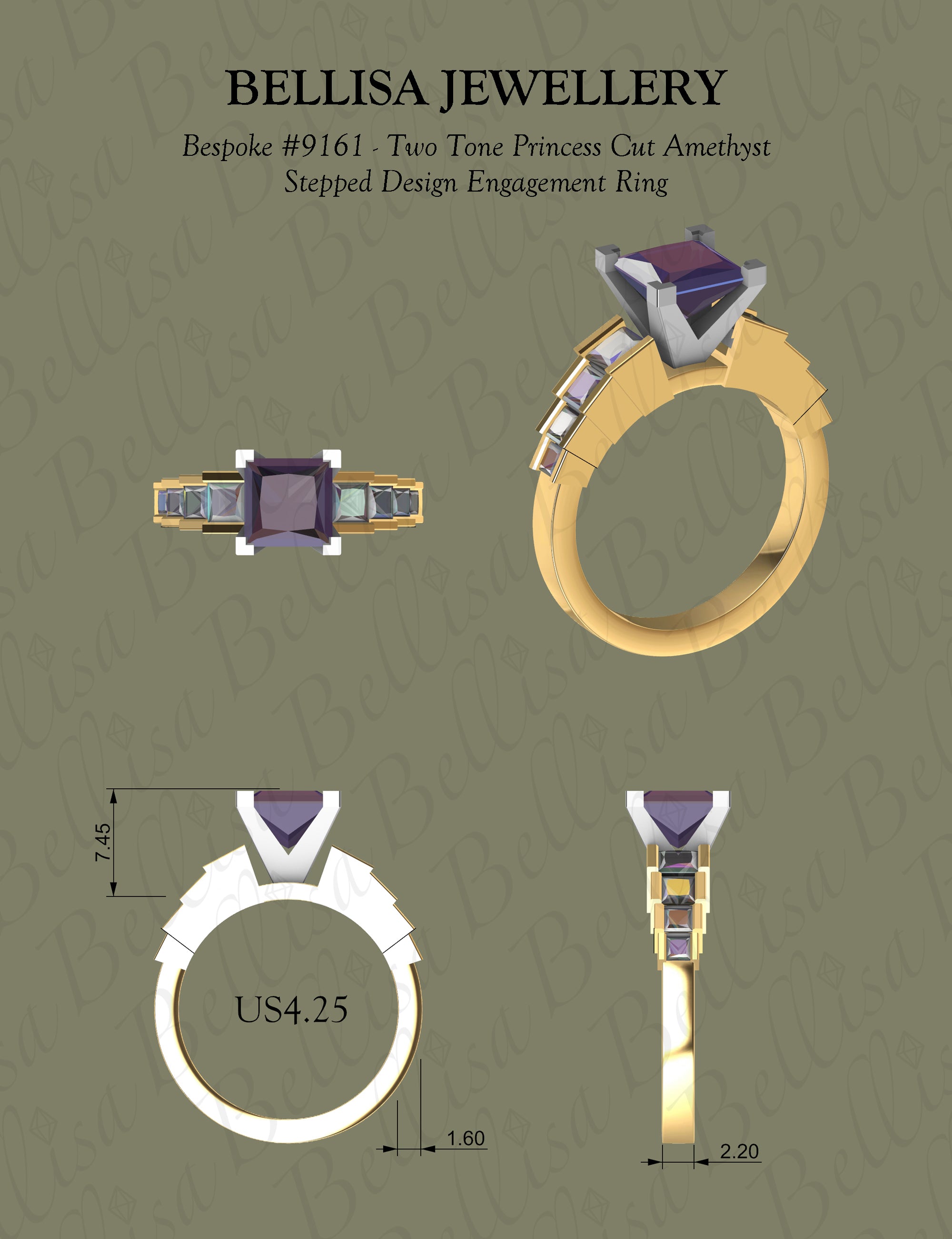 Bespoke #9161 - Two Tone Princess Cut Amethyst Stepped Design Engagement Ring