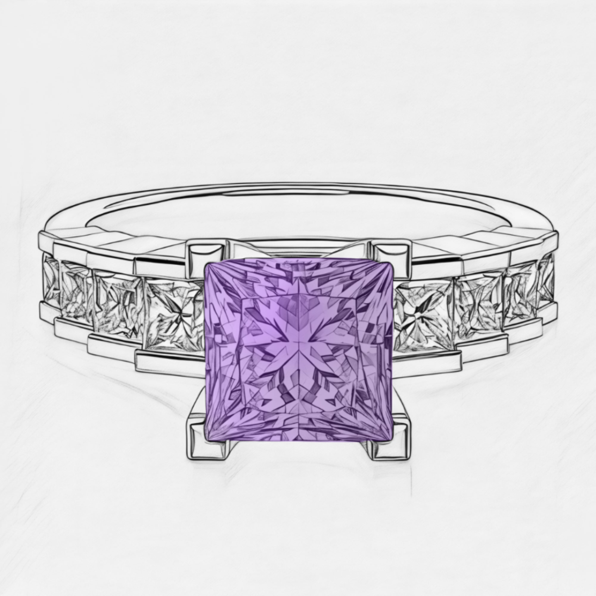 Bespoke #9161 - Two Tone Princess Cut Amethyst Stepped Design Engagement Ring