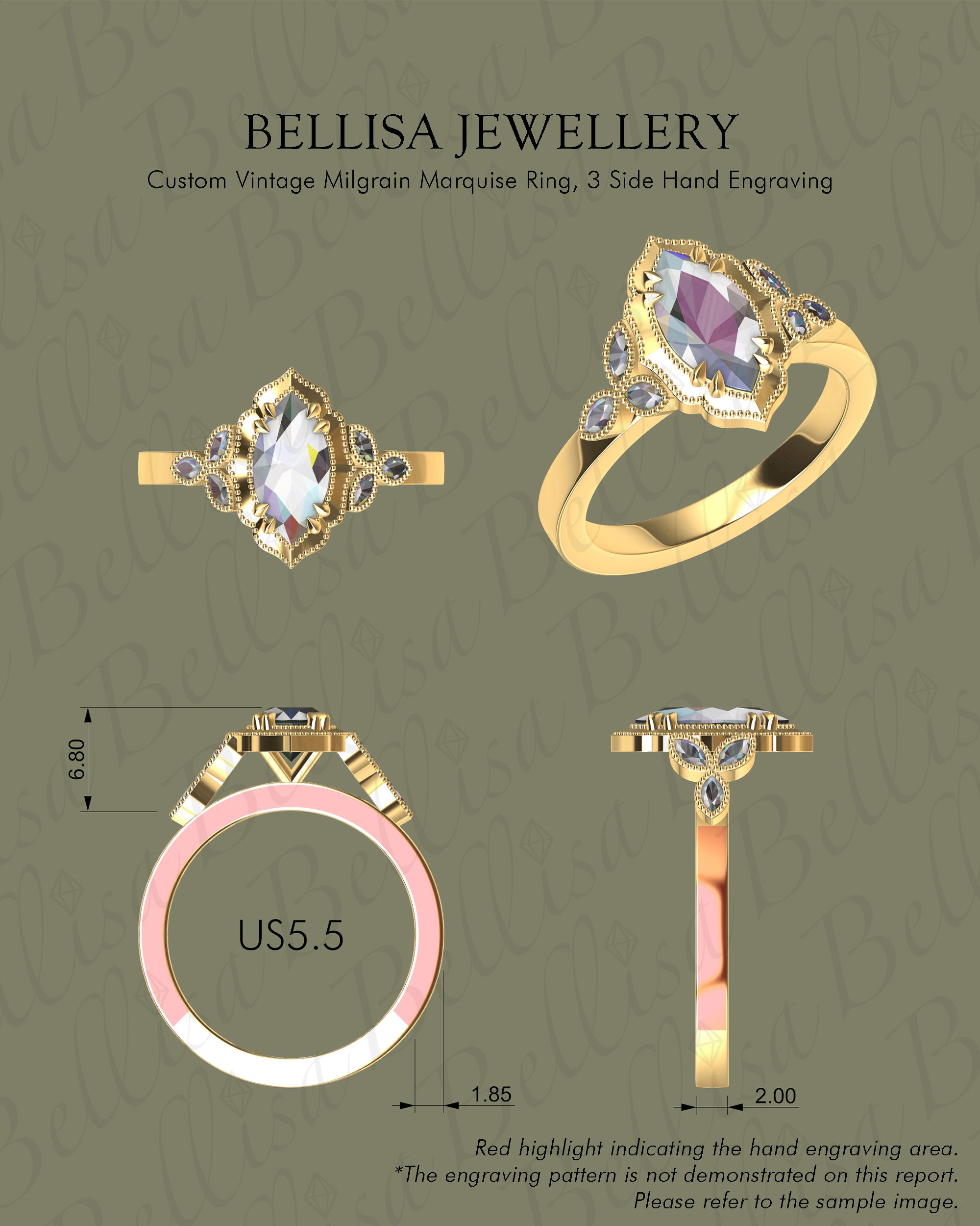 Bespoke #9168 - Custom Vintage Milgrain Marquise Engagement Ring, 3 Side Hand Engraving