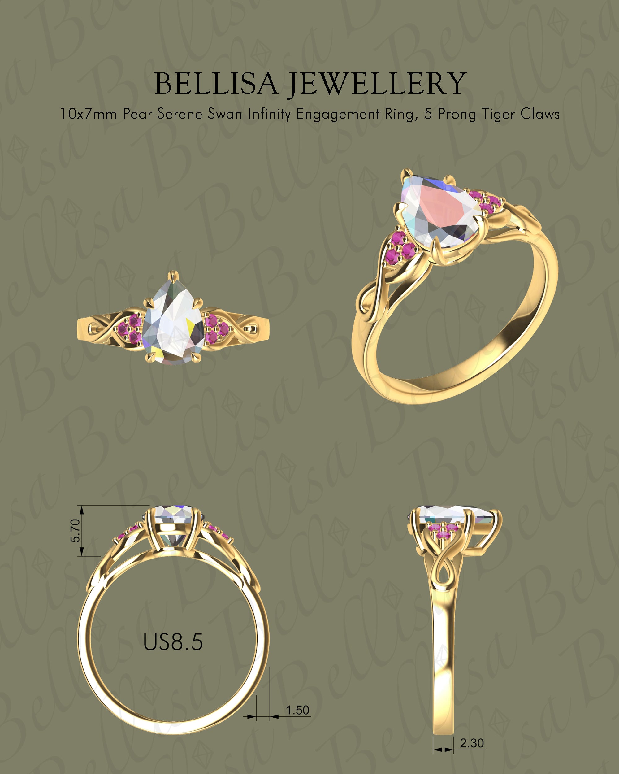 Bespoke #9166 - Custom Pear Serene Swan Infinity Engagement Ring, 5 Prong Tiger Claws