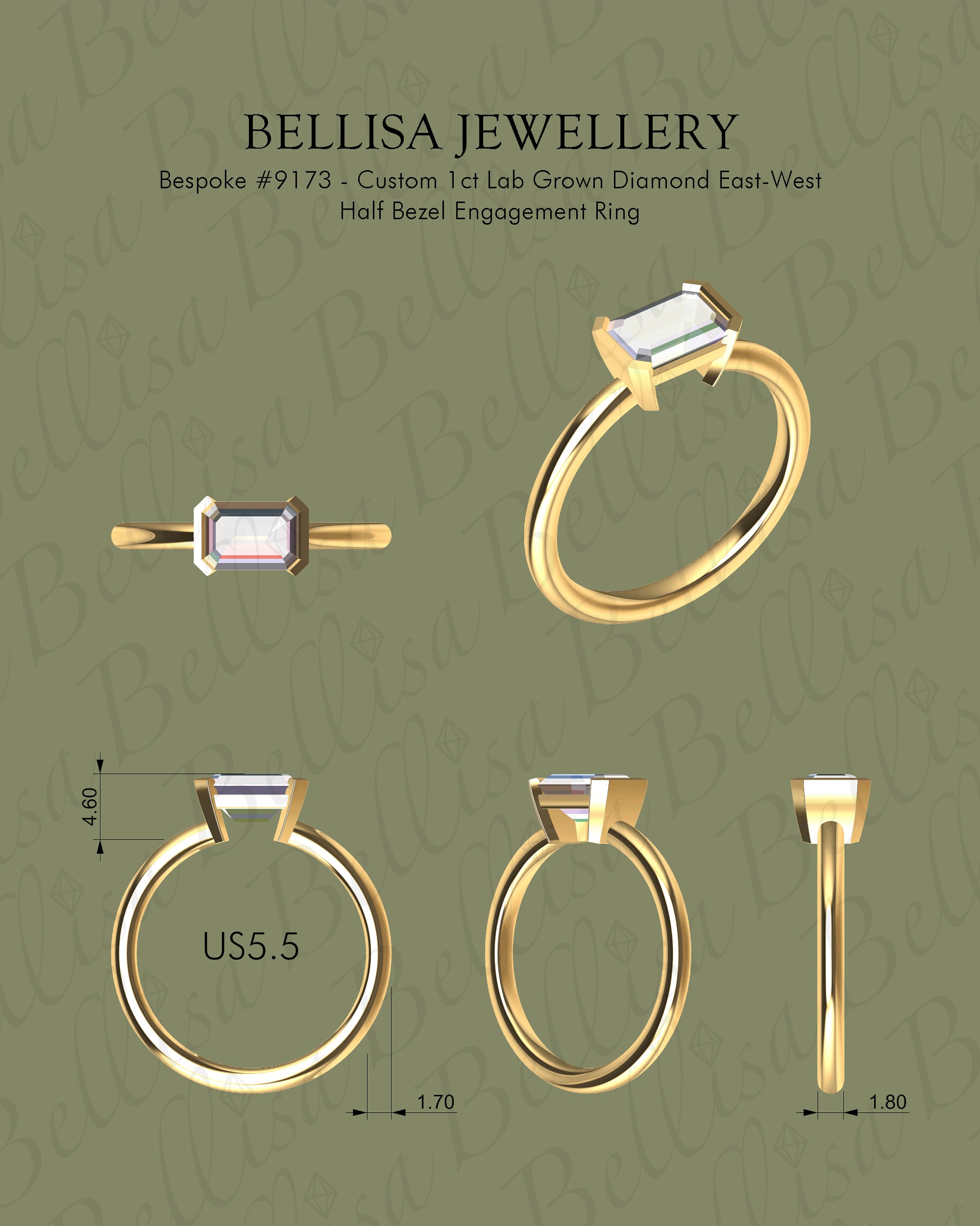 Bespoke #9173 - Custom 1ct Lab Grown Diamond East-West Half Bezel Engagement Ring