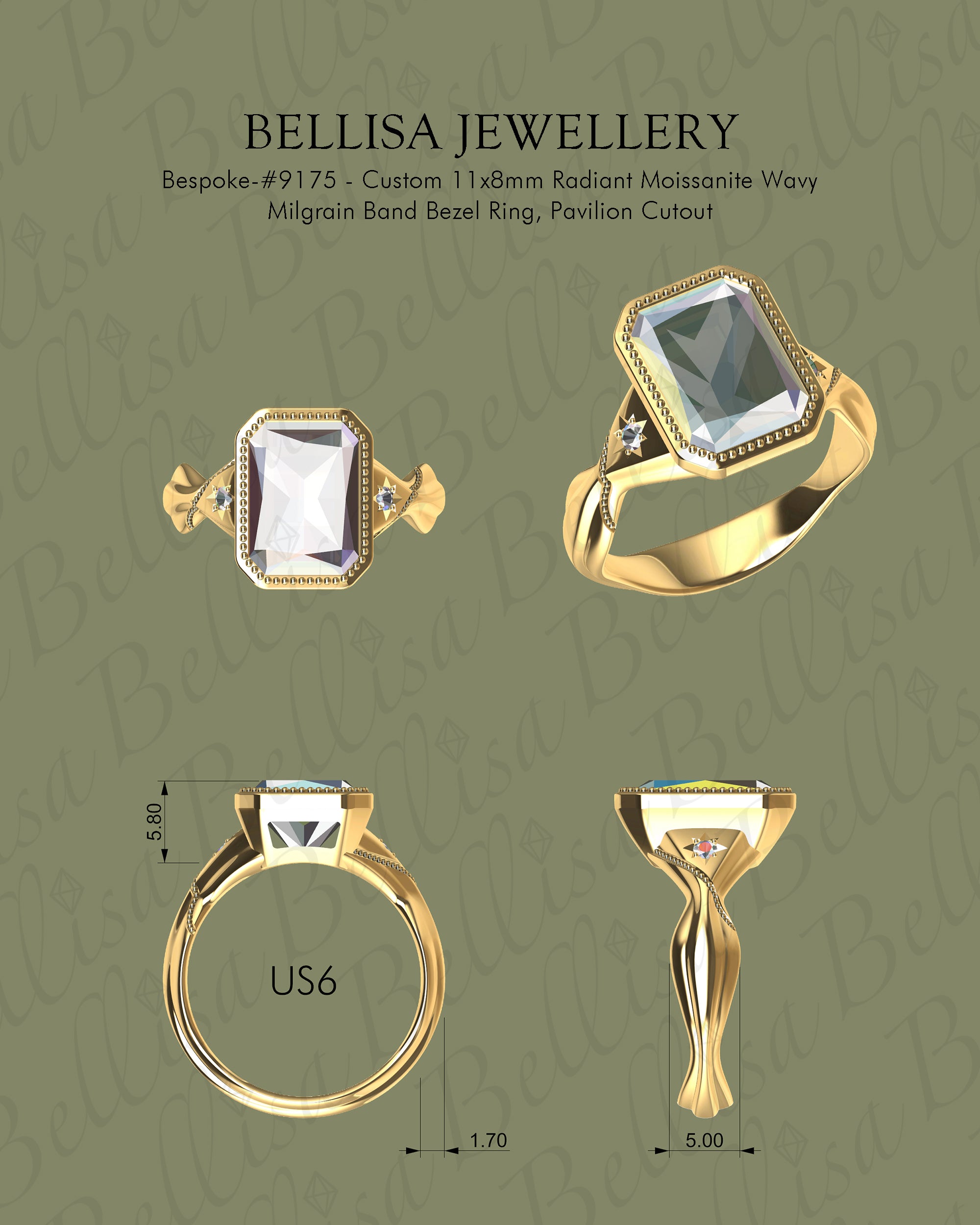 Bespoke #9175 - Custom 11x8mm Radiant Moissanite Wavy Milgrain Band Bezel Ring, w/ Star Set