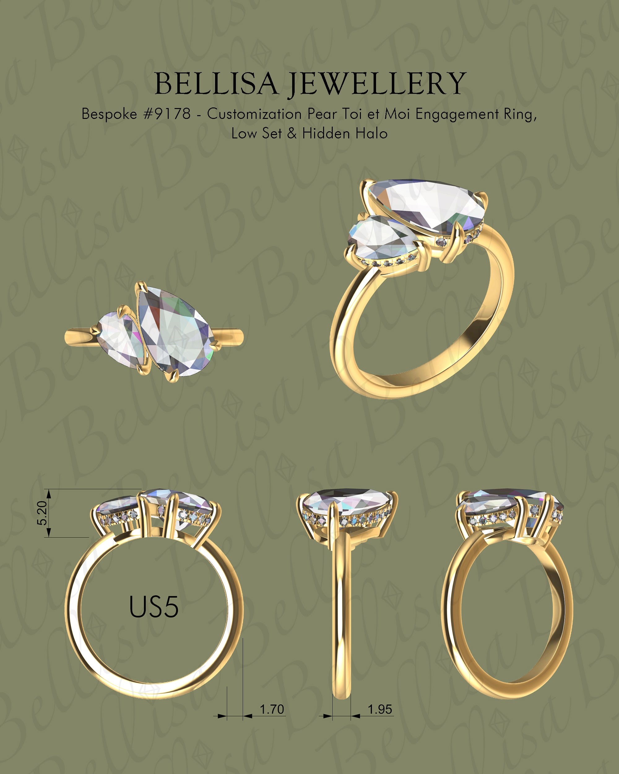 Bespoke #9178 - Custom Pear Lab Diamond Toi et Moi Engagement Ring, Hidden Halo