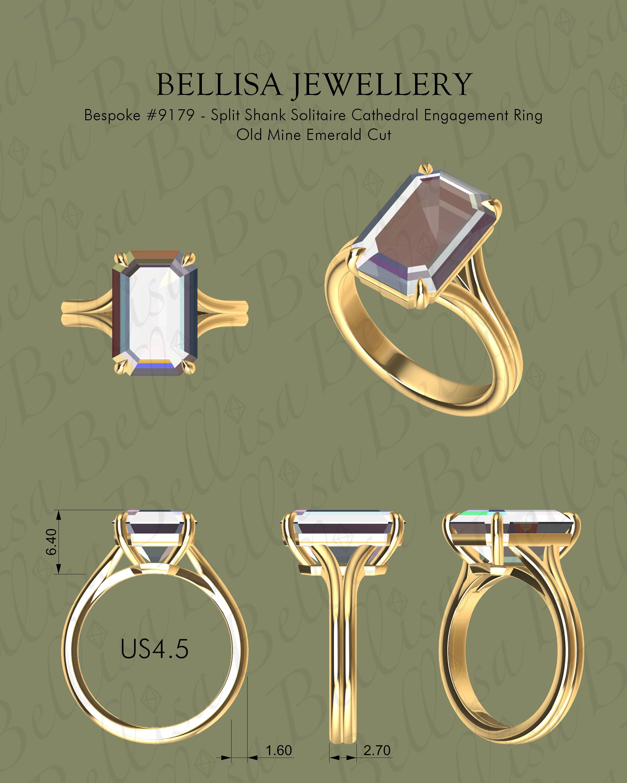 Bespoke #9179 - Custom Split Shank Solitaire Cathedral Engagement Ring, Old Mine Emerald Cut