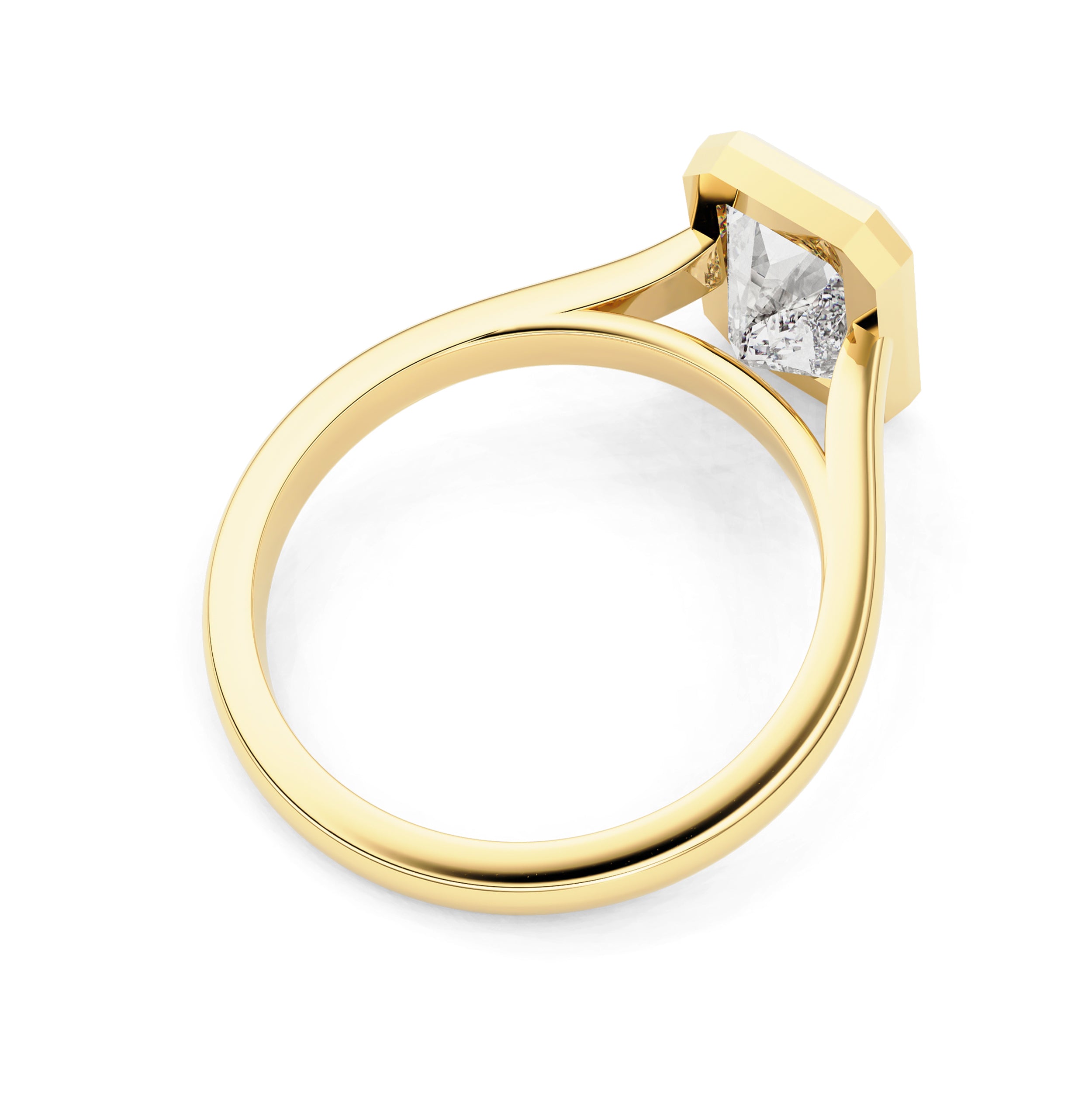 Gold cathedral style bezel set engagement ring with a diamond on a white background