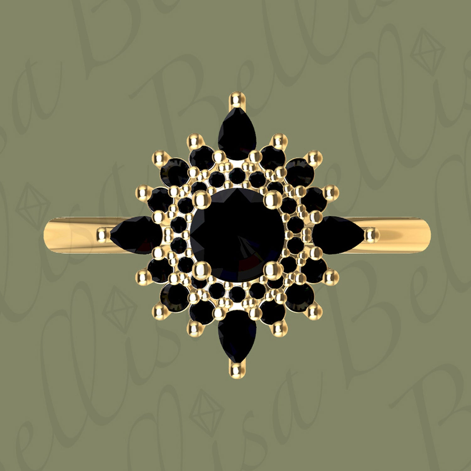 Bespoke - Customize Black Moissanite Round Elizabeth Double Halo Engagement Ring