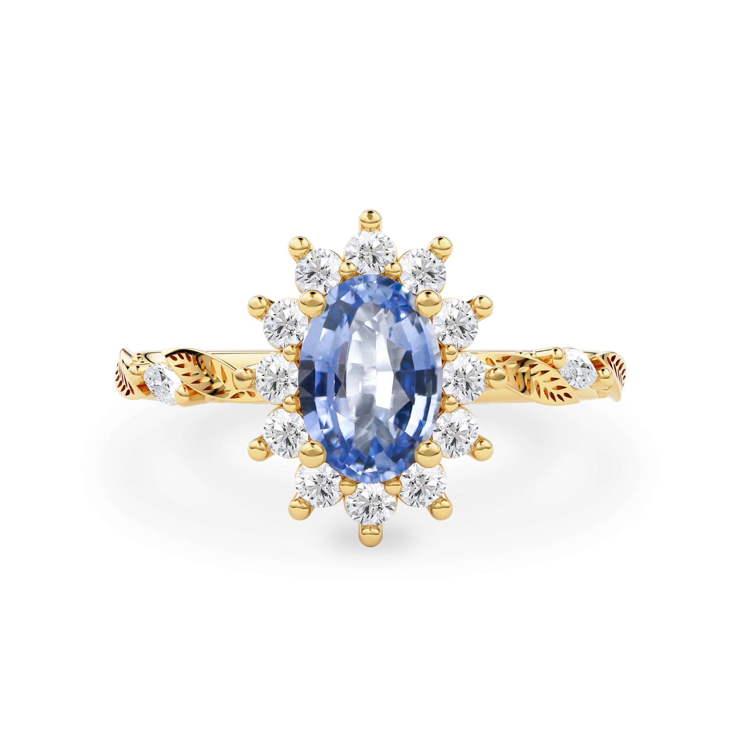 Brooke Oval Blue Sapphire Halo Engagement Ring, Marquise Leaf Band