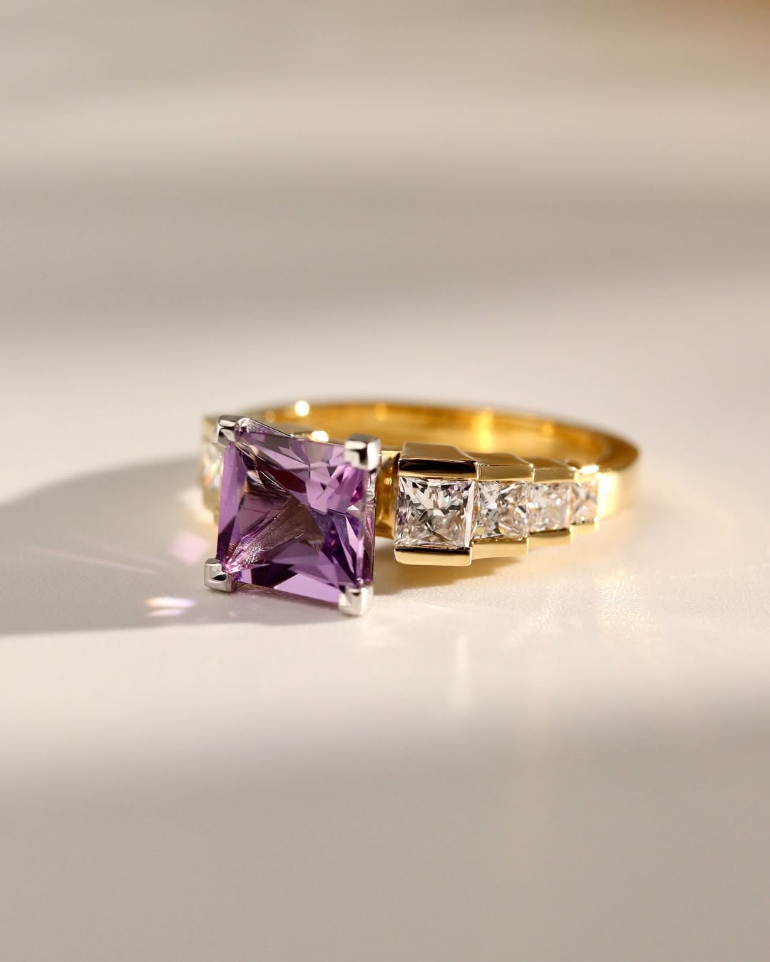 Bespoke #9161 - Two Tone Princess Cut Amethyst Stepped Design Engagement Ring