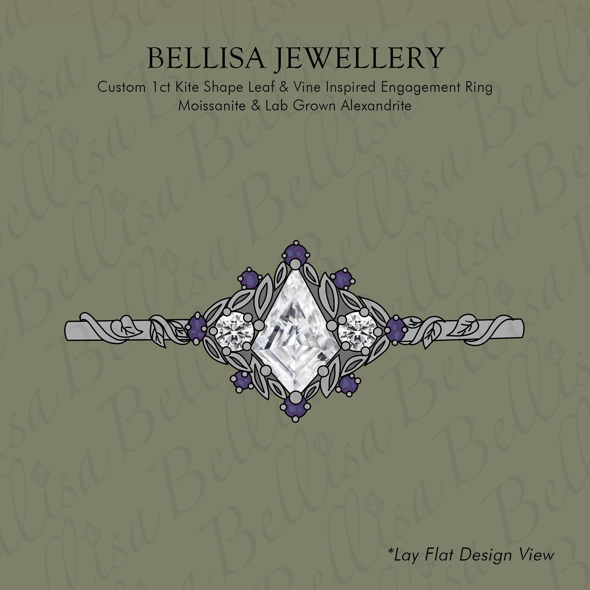 Bespoke #9172 - Custom 1ct Kite Shape Leaf & Vine Inspired Engagement Ring