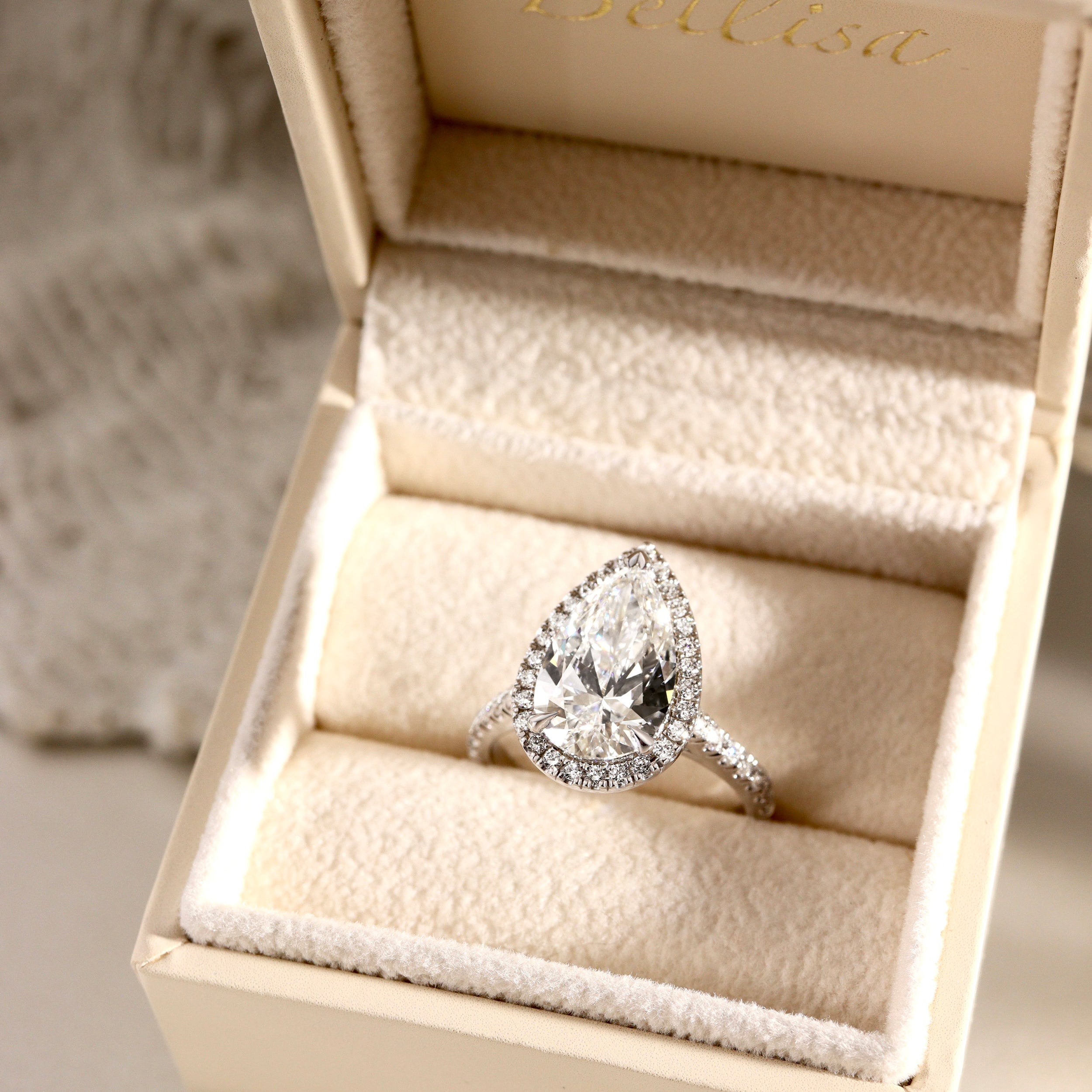 Sophia Pear Halo Cathedral Engagement Ring, Moissanite/Lab Grown Diamond