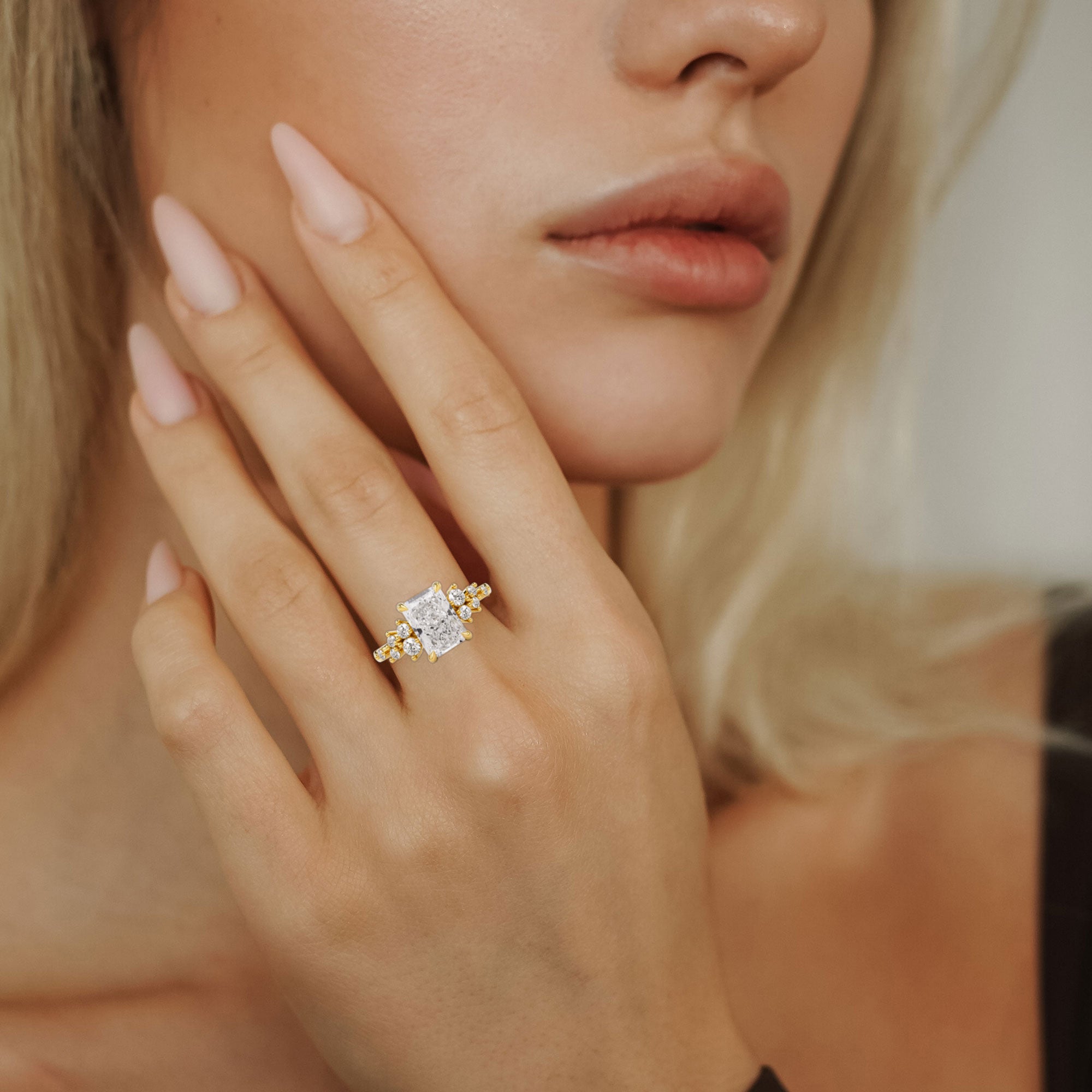 Elena Radiant Cut Cluster Engagement Ring, Moissanite/Lab Grown Diamond