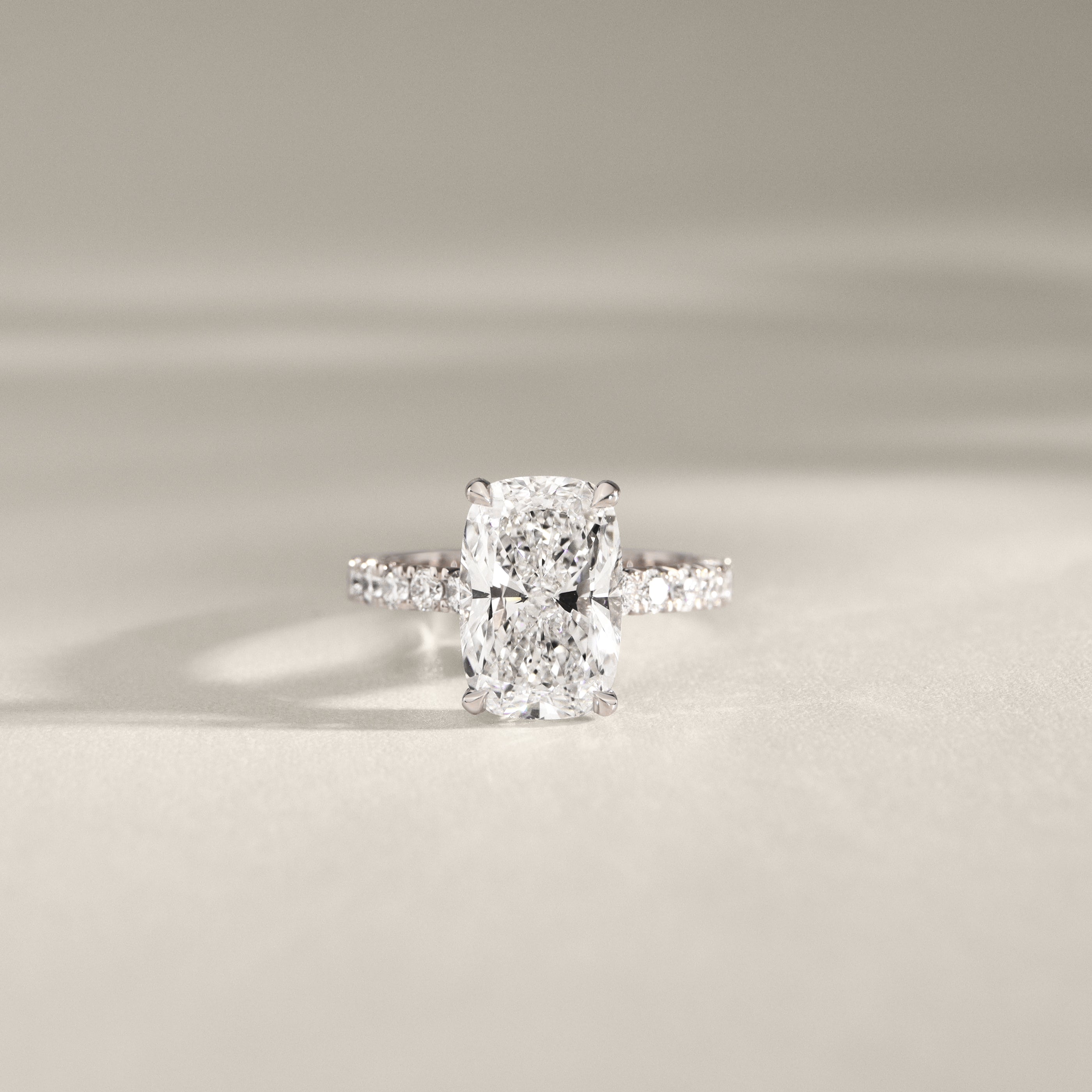 Riley Elongated Cushion Hidden Halo Engagement Ring, Cathedral w/ Pavé Band