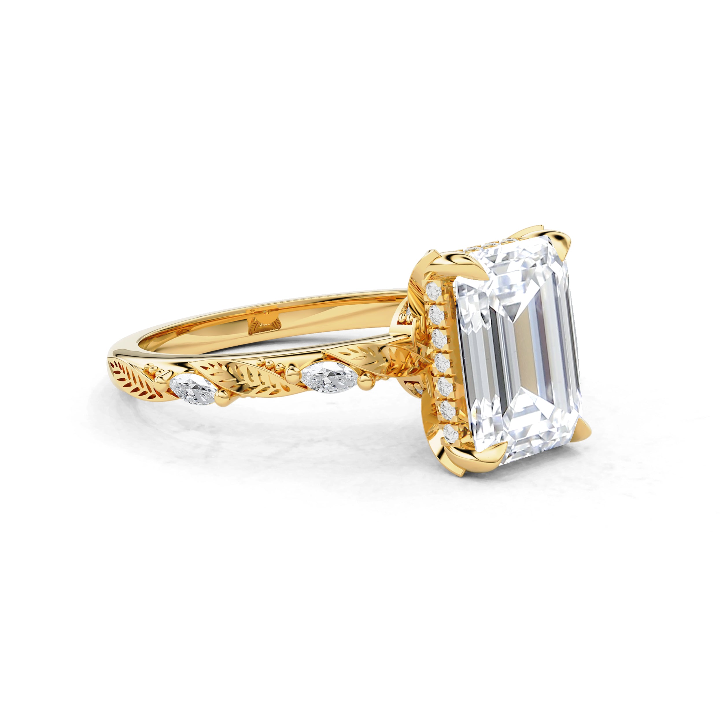 Brooke Emerald Leaf Prong Hidden Halo Engagement Ring, Marquise Leaf Band