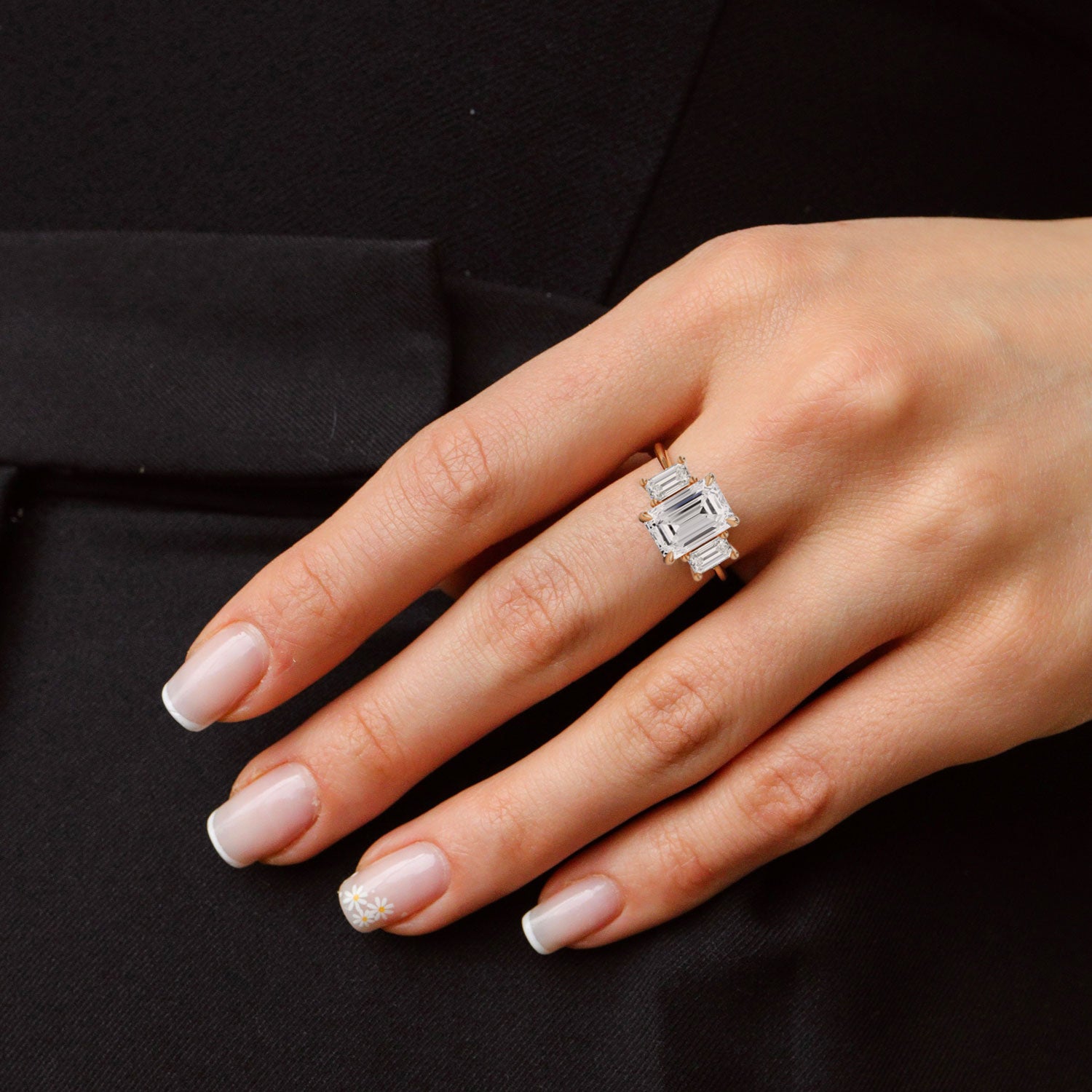 Evelyn Emerald Cut Three Stone Engagement Ring, Low Set