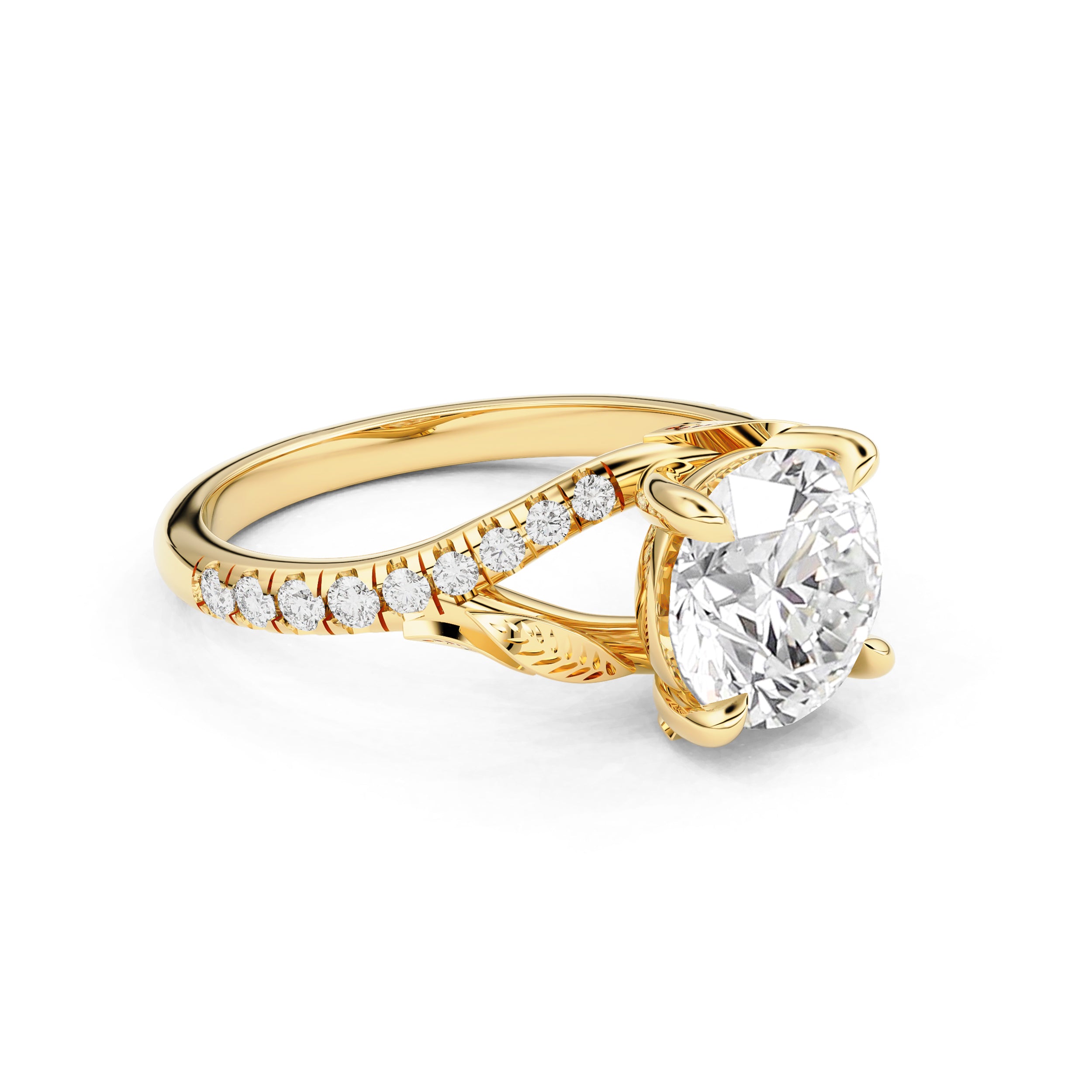 Evelina Round Cut Leaf Split Shank Engagement Ring, Moissanite/Lab Grown Diamond