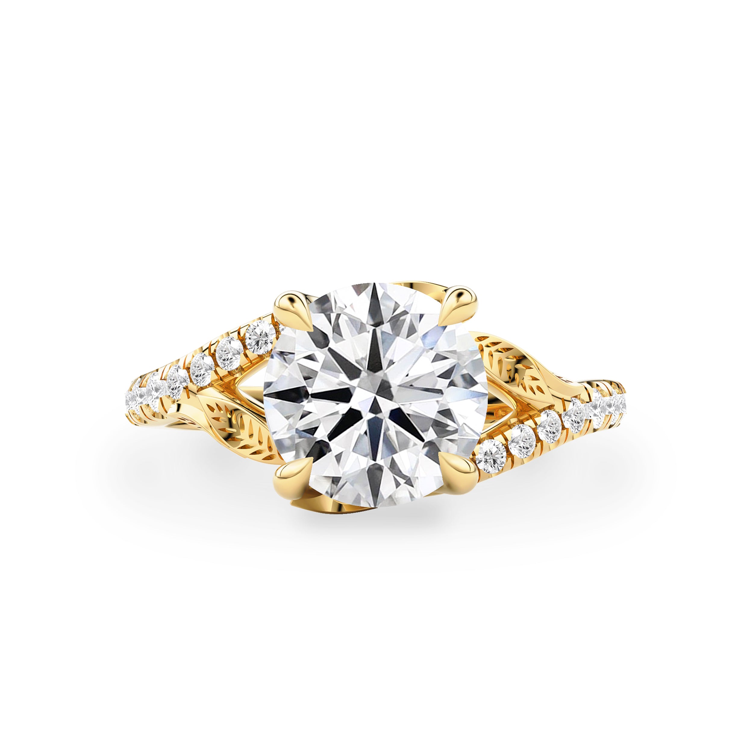 Evelina Round Cut Leaf Split Shank Engagement Ring, Moissanite/Lab Grown Diamond