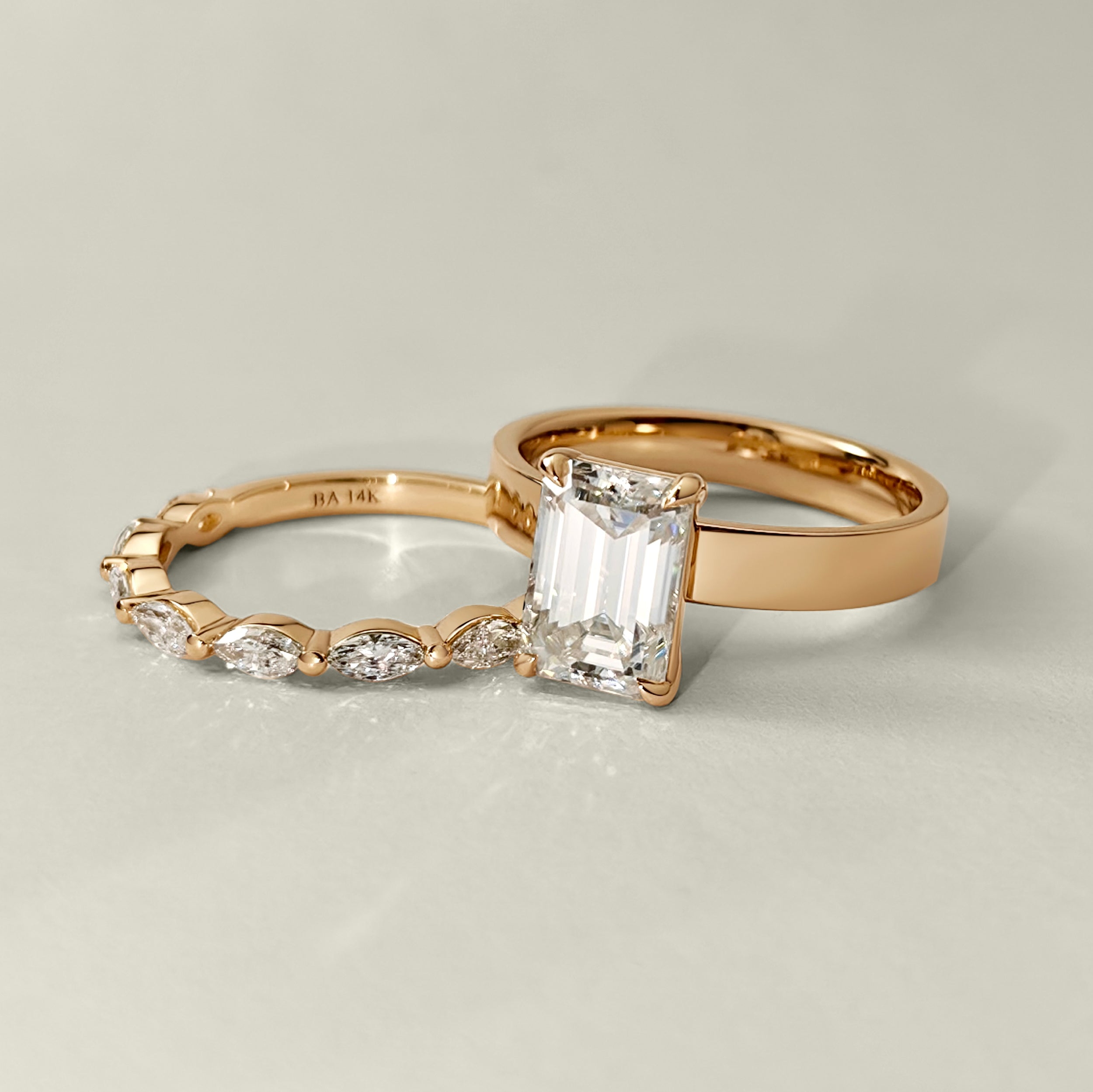 Stephanie Emerald Cut Cigar Band Solitaire Engagement Ring, Flat Band