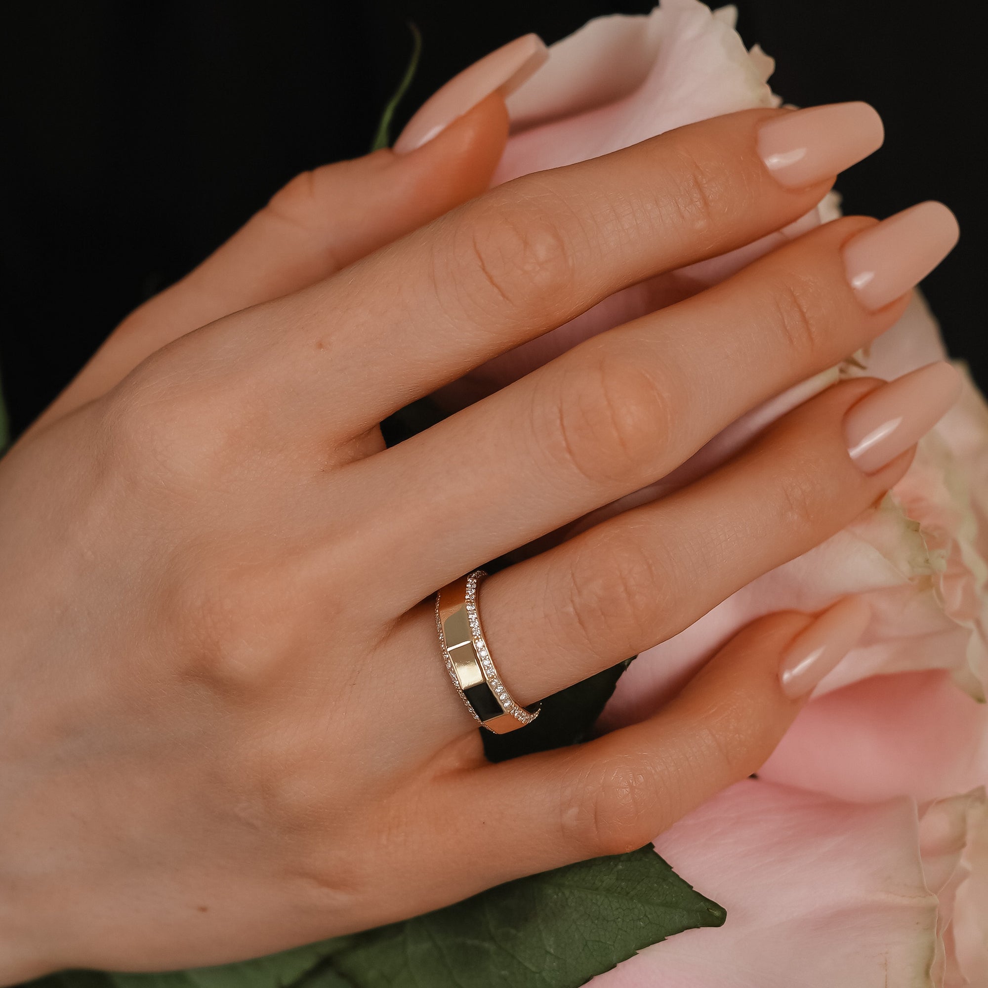 5.5mm Faceted Hexgon Full Pavé Forever Wedding Band, 14k Gold