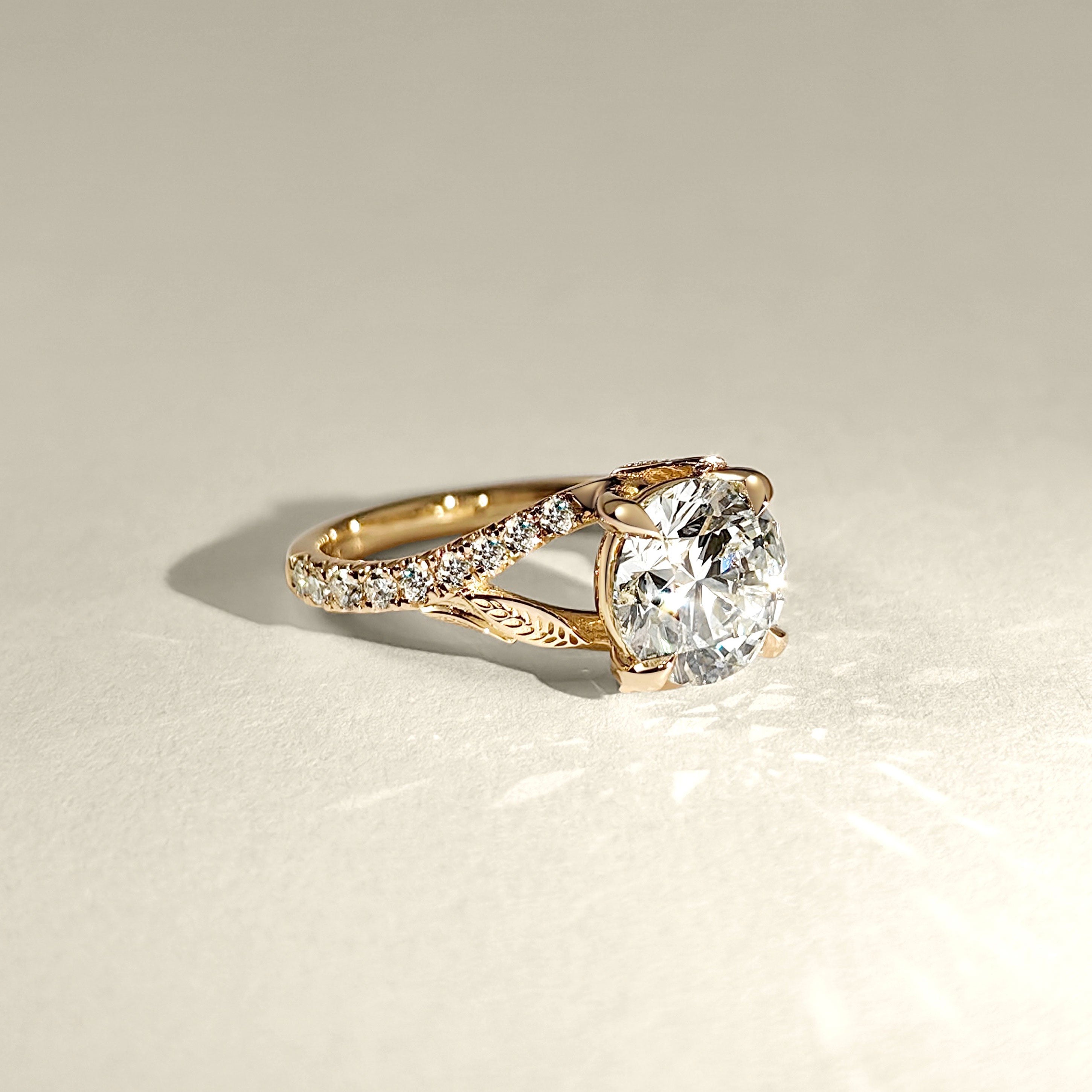 Evelina Round Cut Nature Inspired Leaf Prong Split Shank Engagement Ring,
