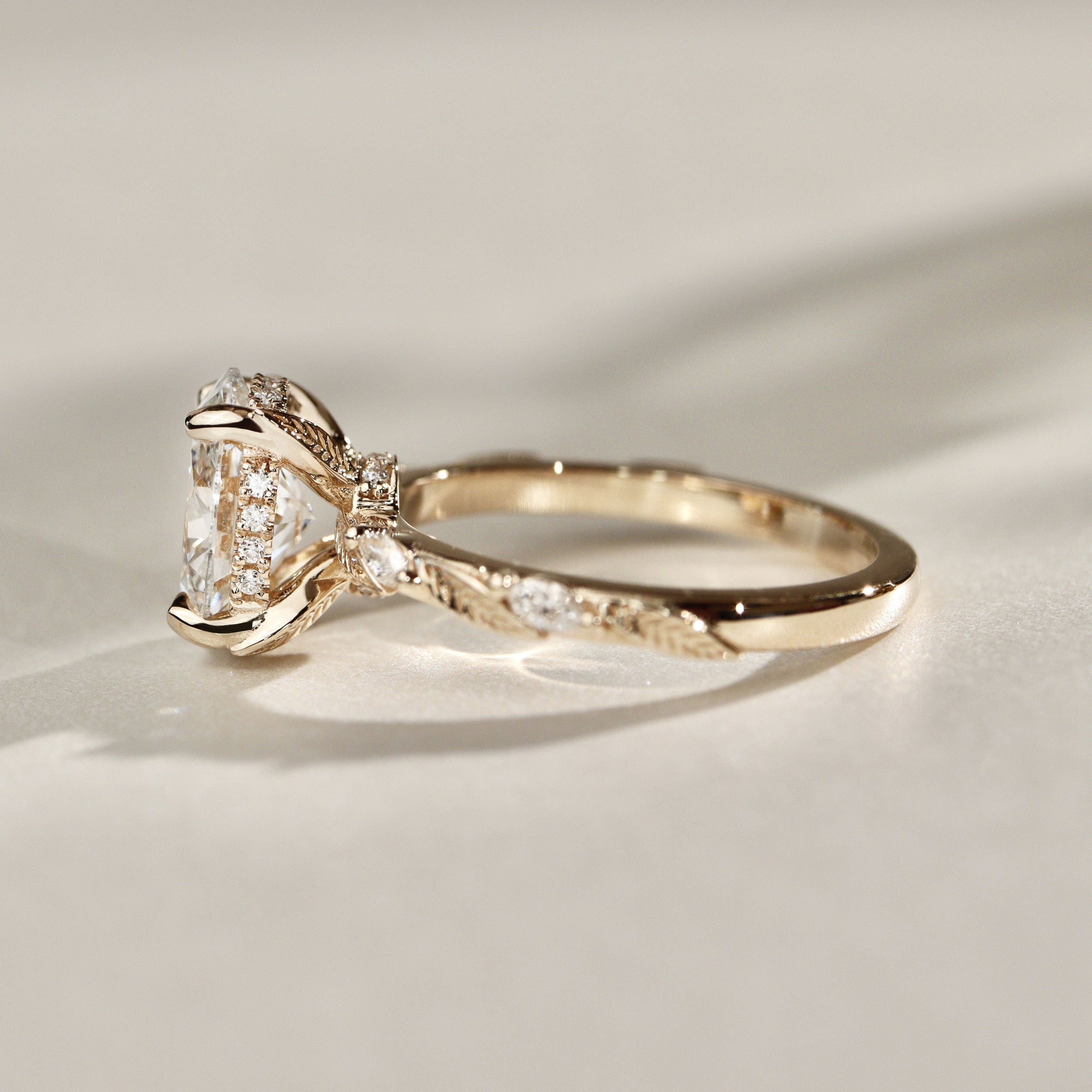 Brooke Oval Cut Leaf Hidden Halo Engagement Ring, Moissanite/Lab Grown Diamond