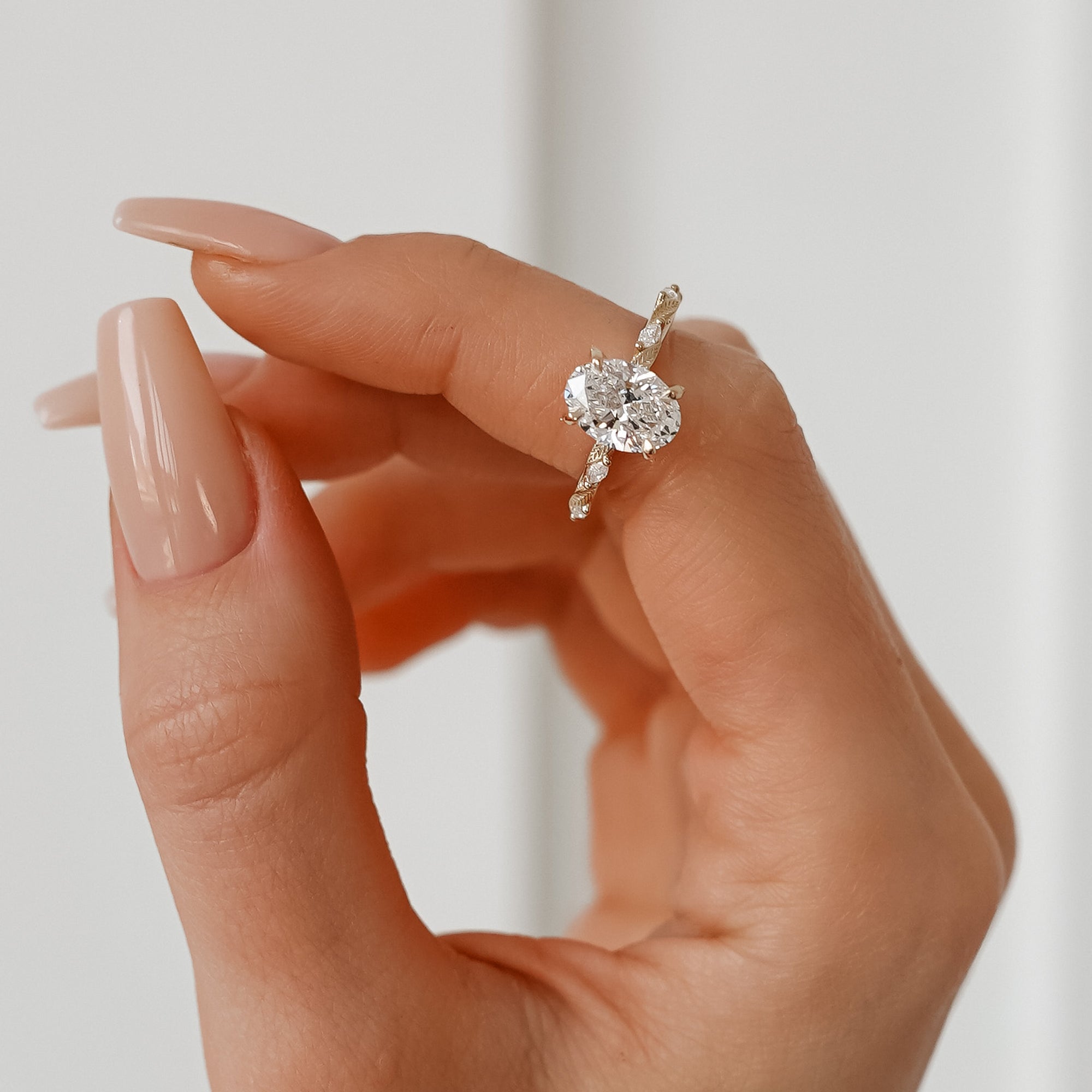 Brooke Oval Cut Leaf Hidden Halo Engagement Ring, Moissanite/Lab Grown Diamond