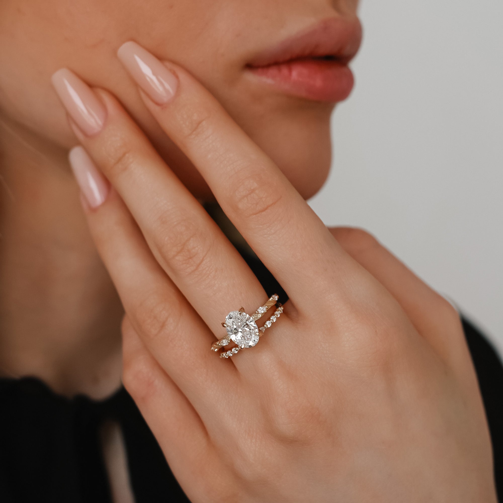 Brooke Oval Cut Leaf Hidden Halo Engagement Ring, Moissanite/Lab Grown Diamond