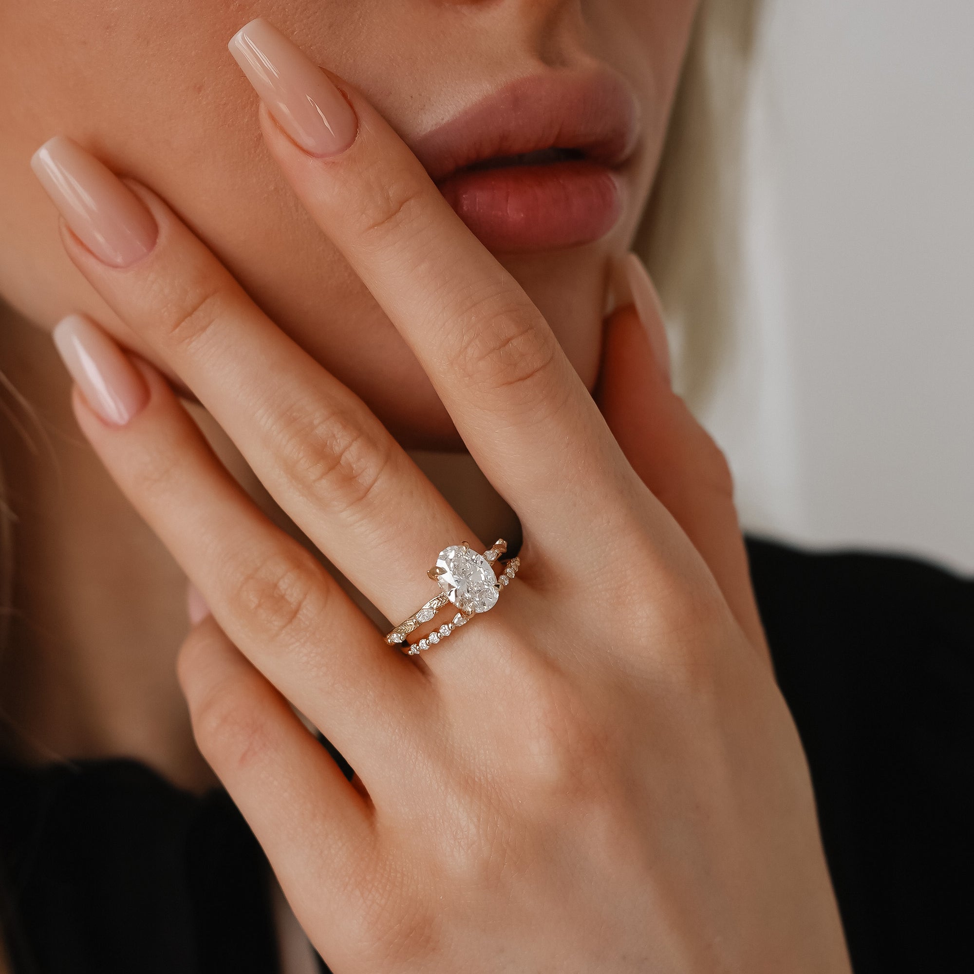 Brooke Oval Cut Leaf Hidden Halo Engagement Ring, Moissanite/Lab Grown Diamond