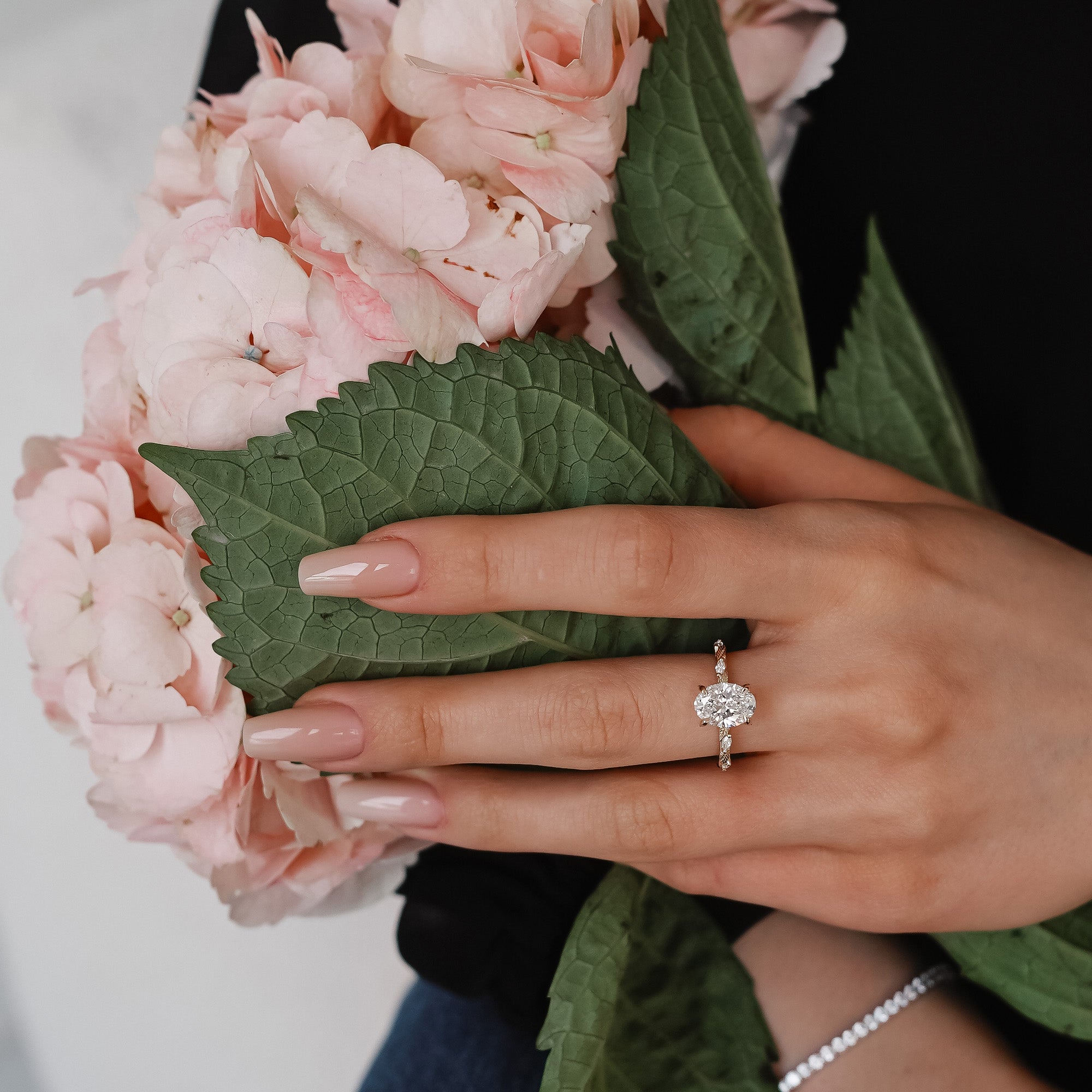 Brooke Oval Cut Leaf Hidden Halo Engagement Ring, Moissanite/Lab Grown Diamond