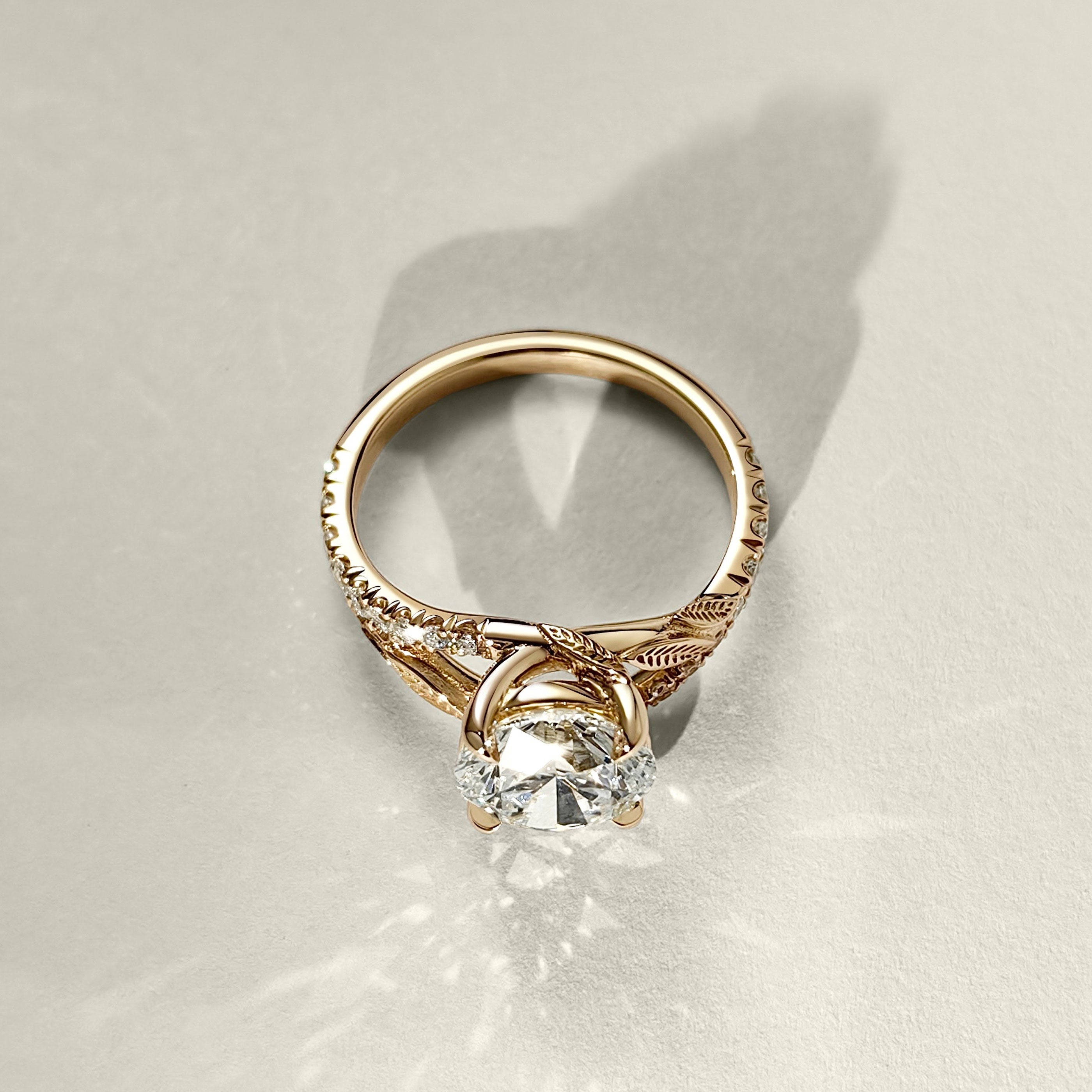 Evelina Round Cut Nature Inspired Leaf Prong Split Shank Engagement Ring,