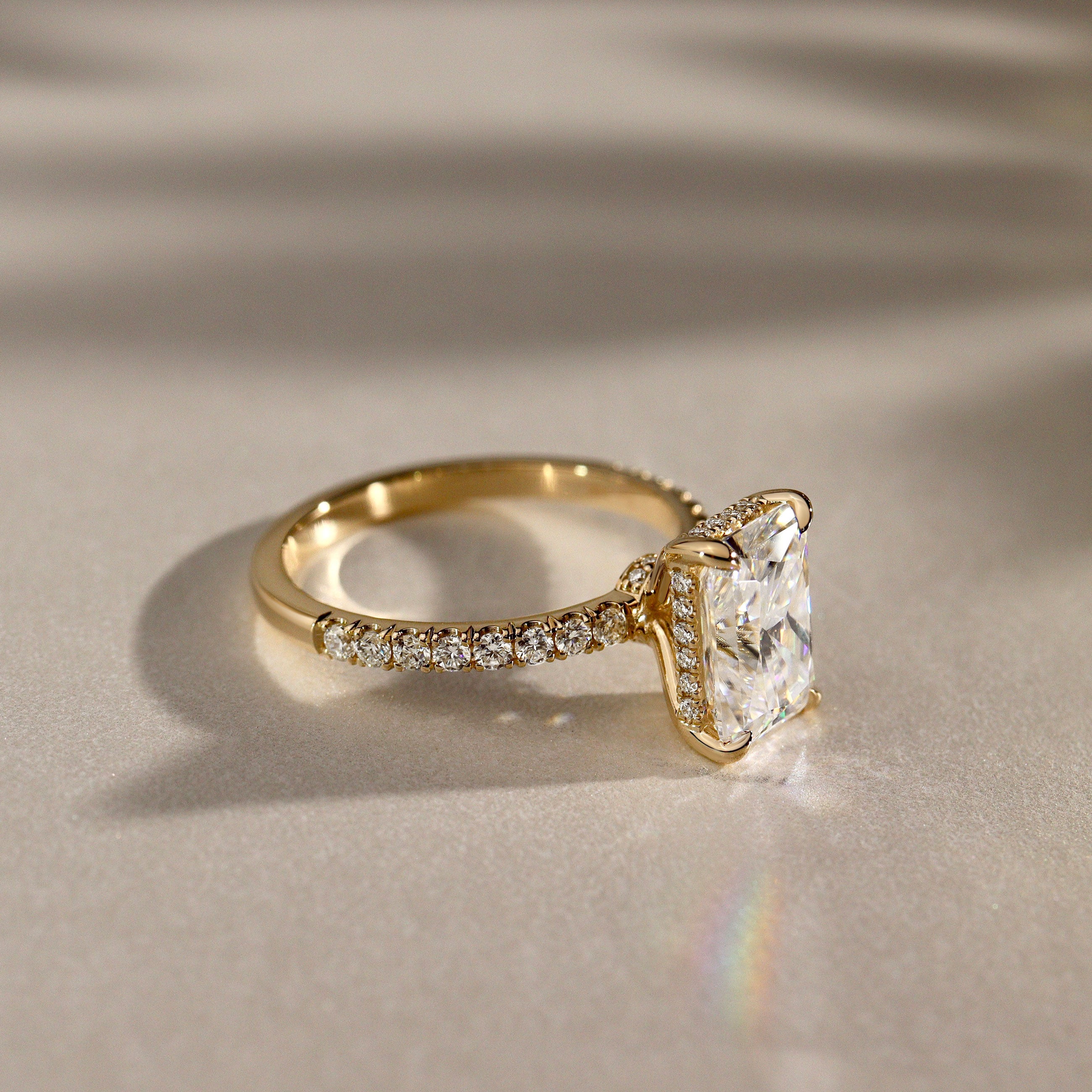 Lily Radiant Double Hidden Halo Engagement Ring, Moissanite/Lab Grown Diamond