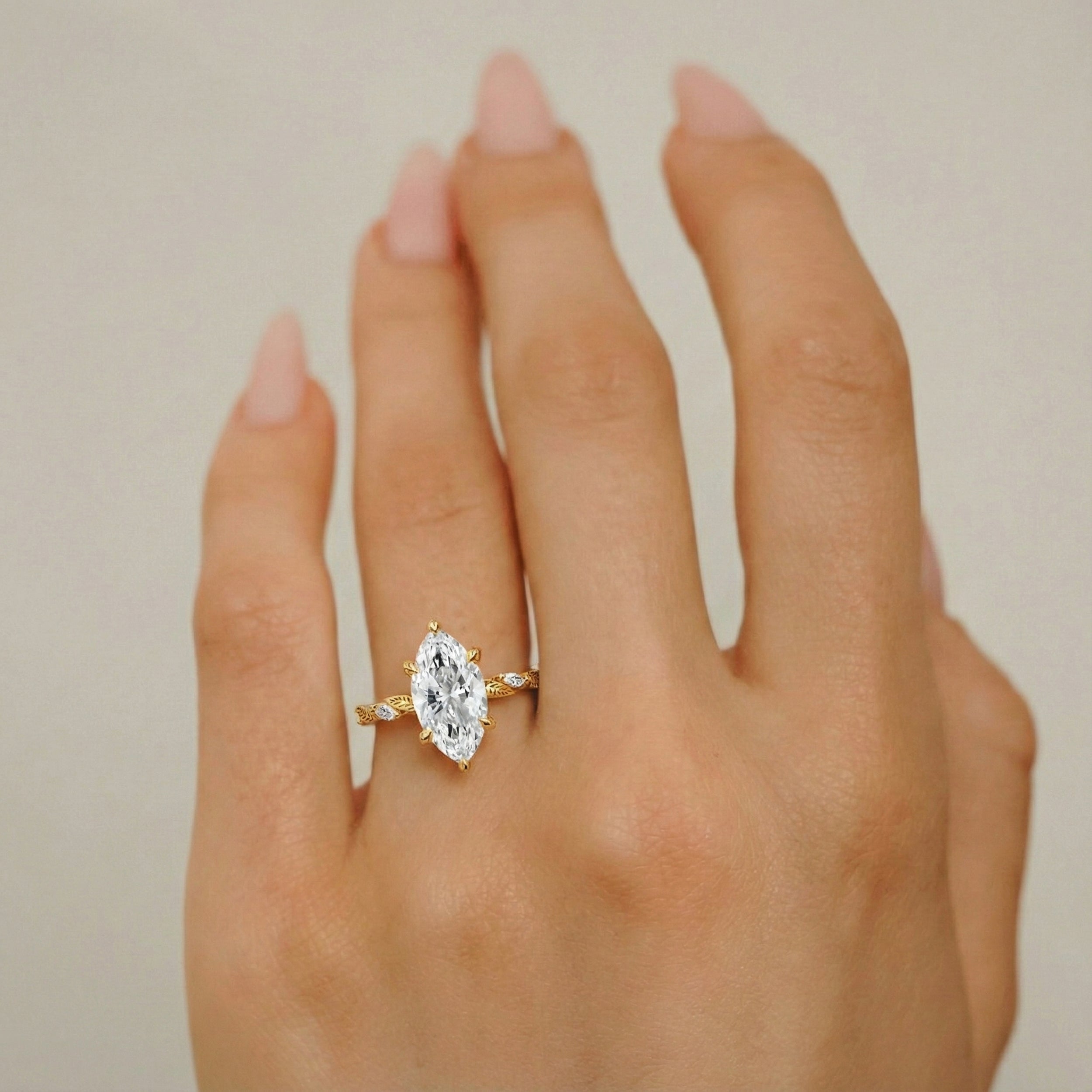 Brooke Marquise Cut Nature Inspired Leaf Prong Hidden Halo Engagement Ring