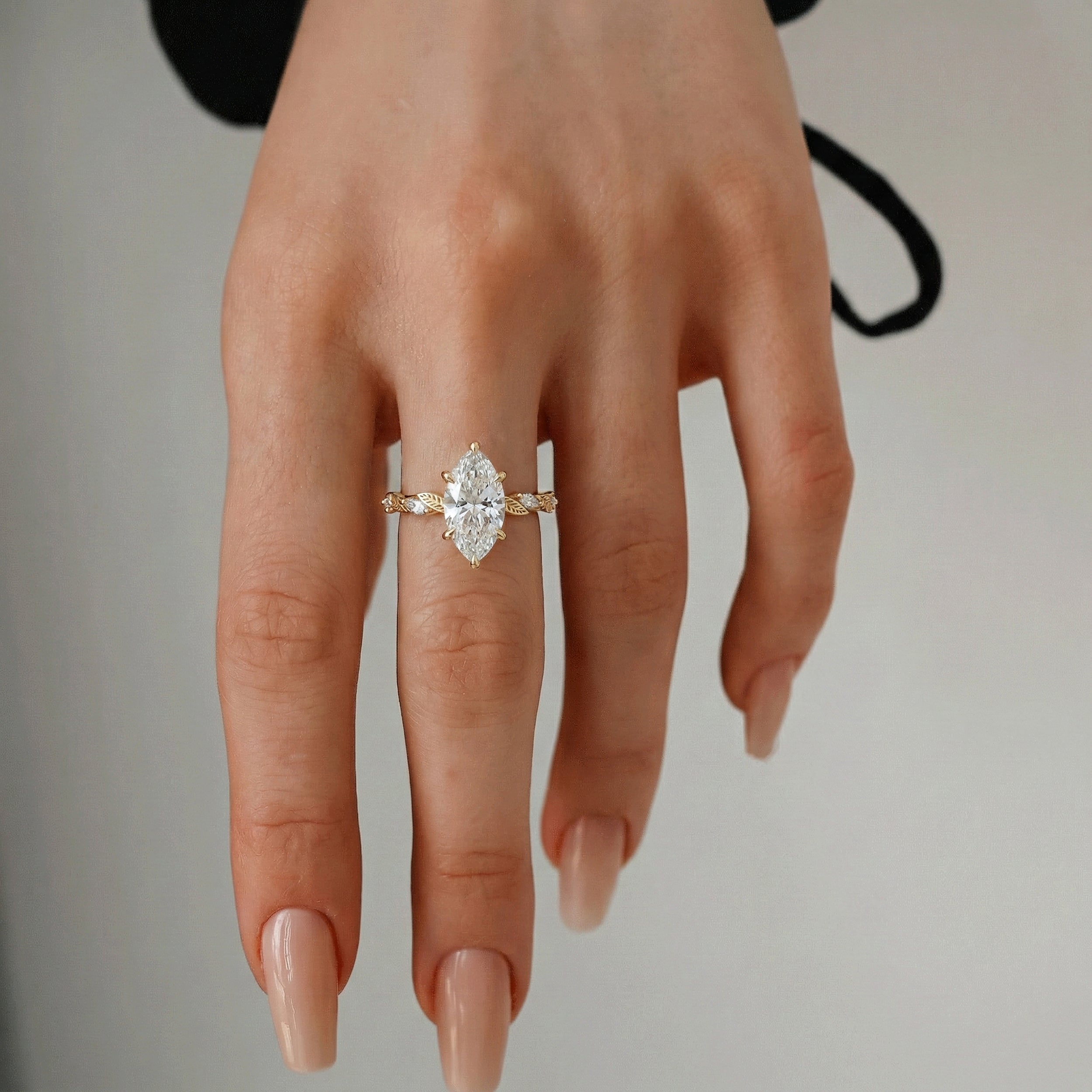 Brooke Marquise Cut Nature Inspired Leaf Prong Hidden Halo Engagement Ring