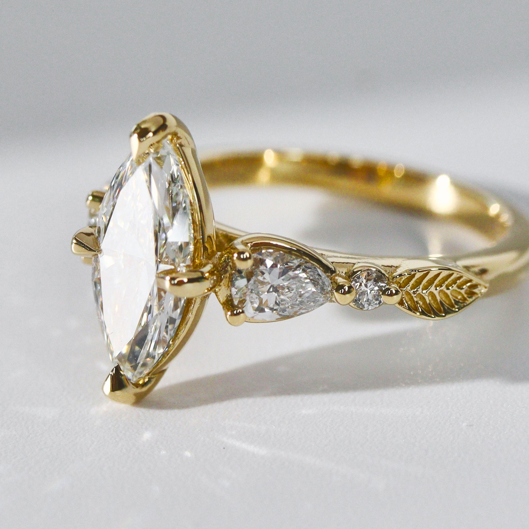 Madison Marquise Art Deco Leaf Engagement Ring, Compass Set