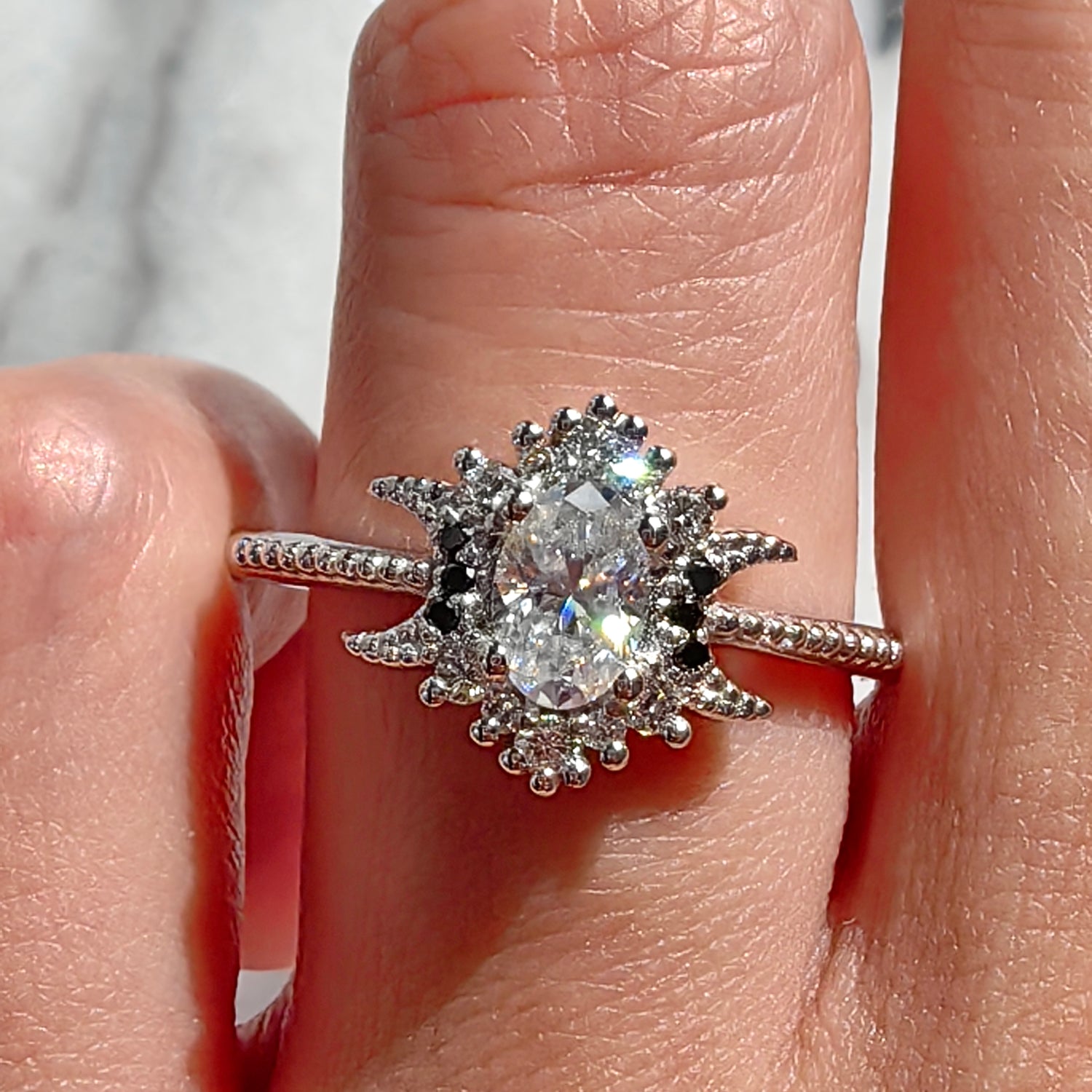 Endless Love Oval Cut Pink Sapphire Moon Halo Engagement Ring, Milgrain