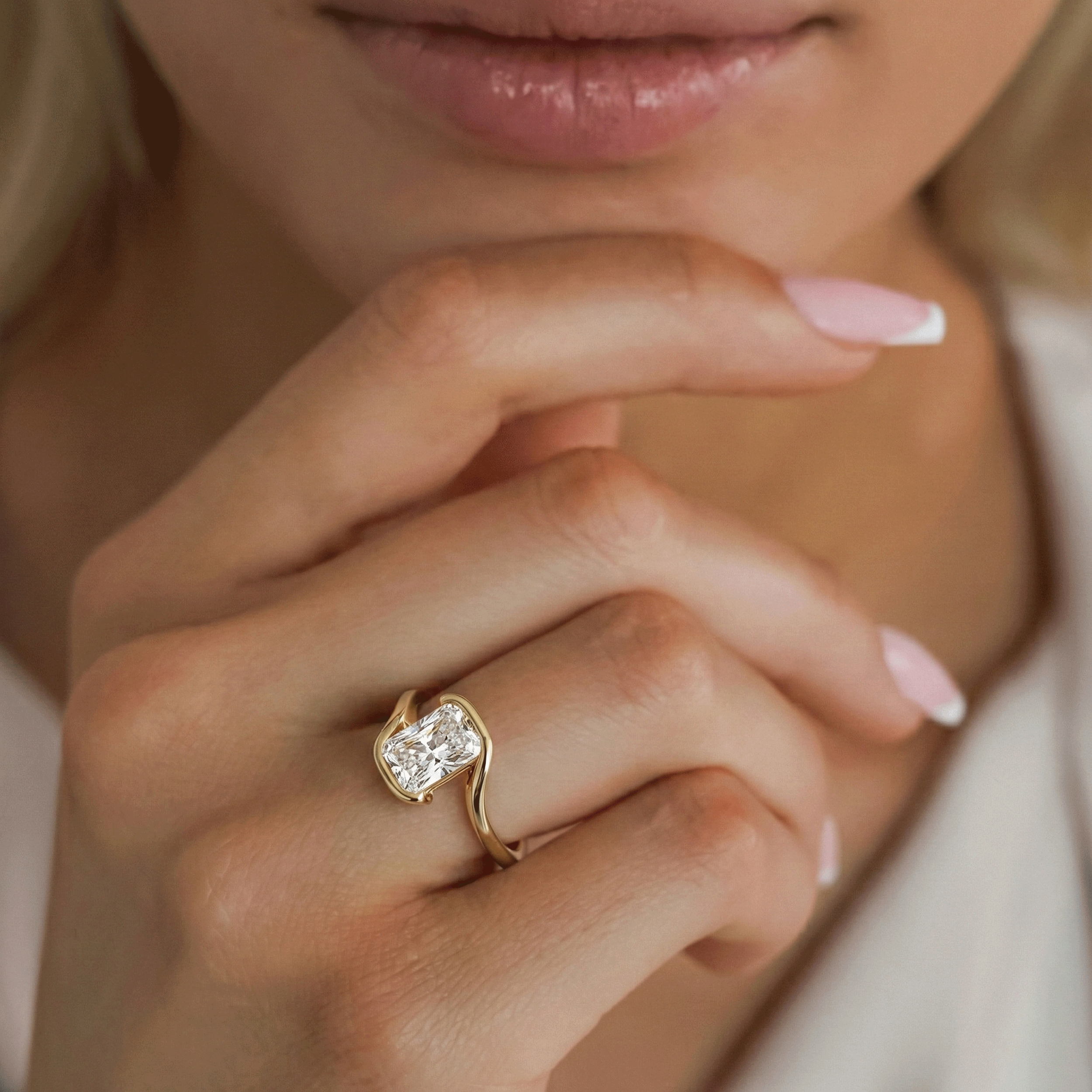 Selene Radiant Half Bezel Bypass Solitaire Engagement Ring, Moissanite/Lab Diamond