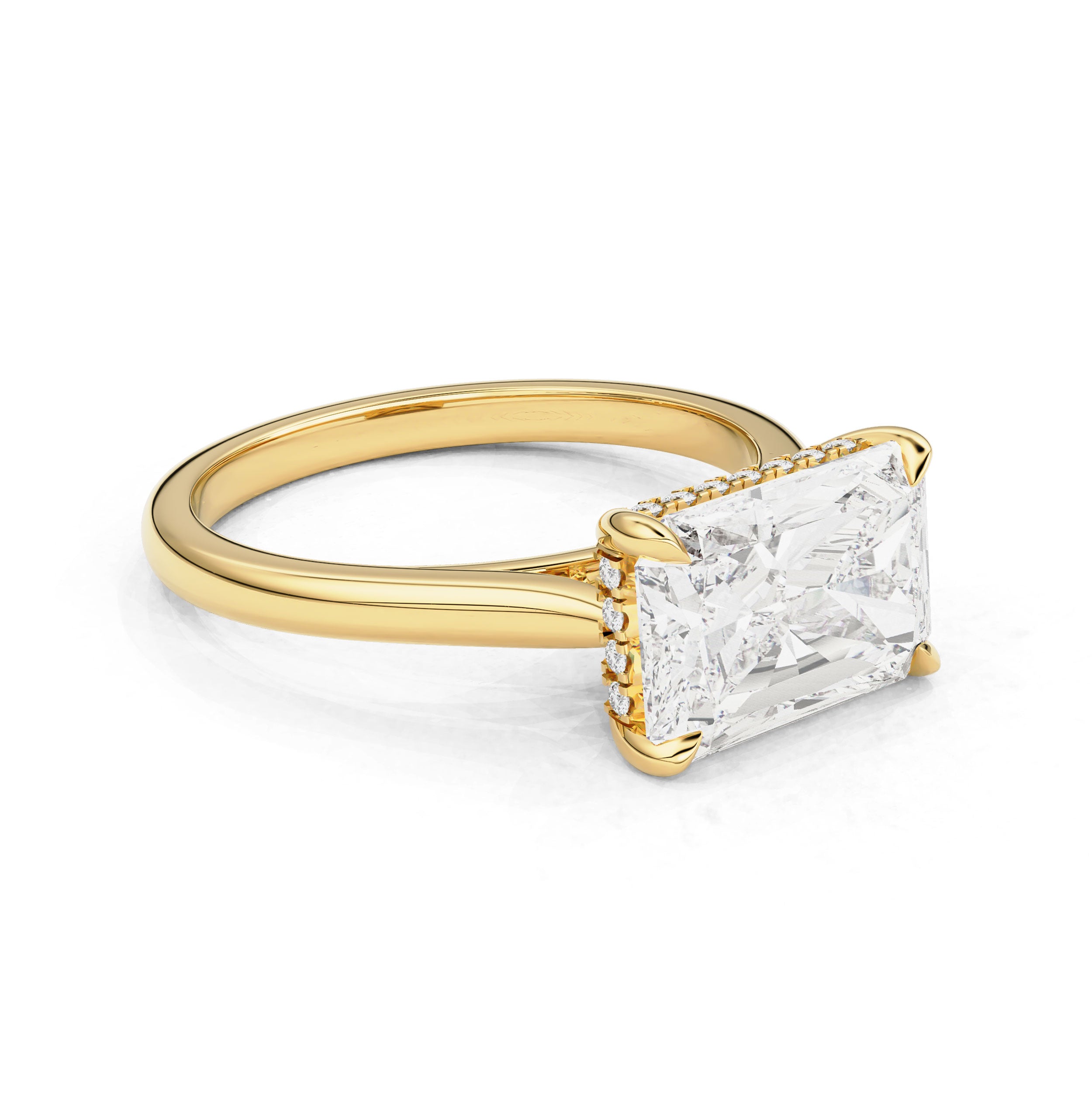 Ivy East West Radiant Cut Hidden Halo Solitaire Engagement Ring, Cathedral Band